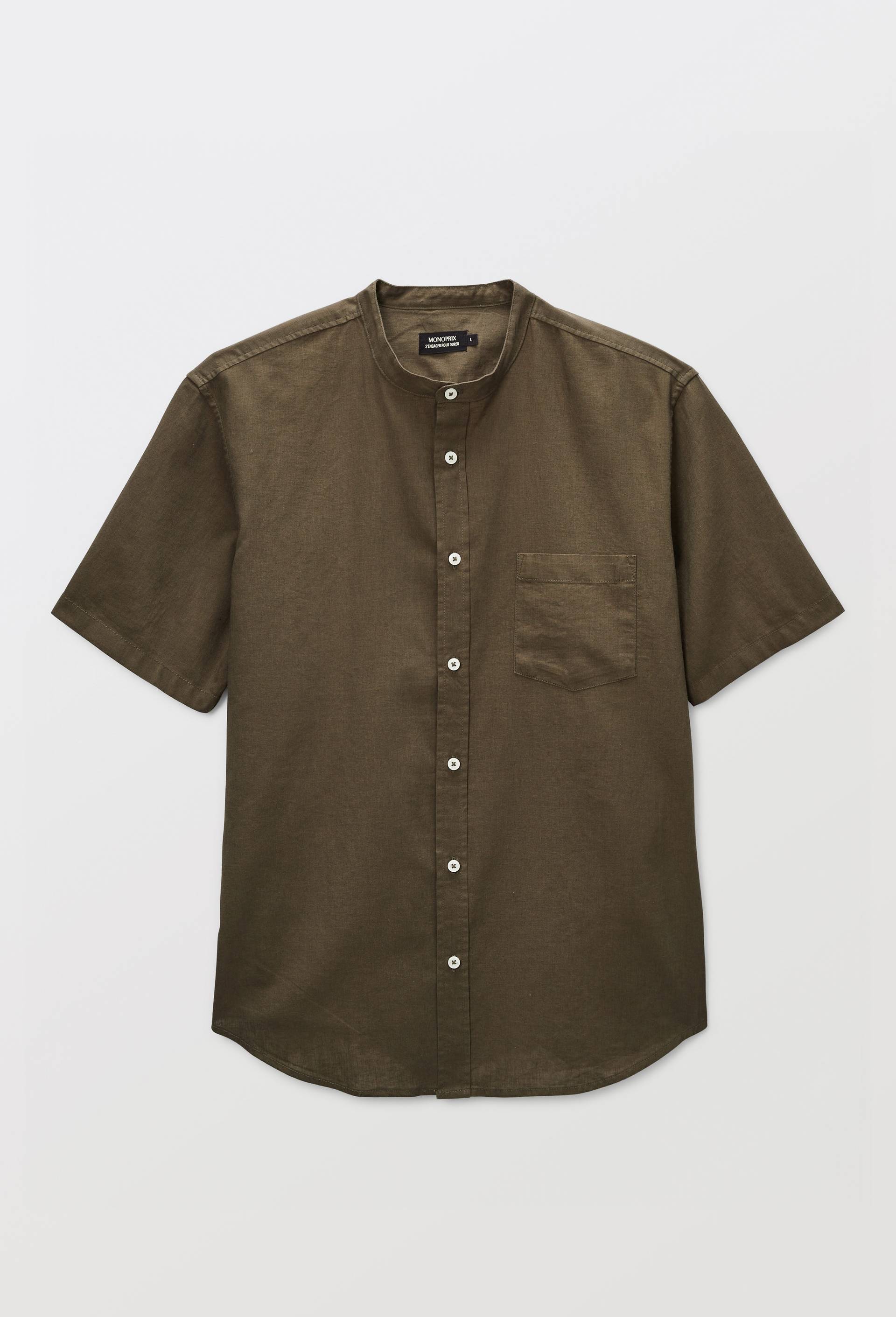 Chemise manches courtes col mao en lin, Vert fonc&eacute;, large image number 2.0