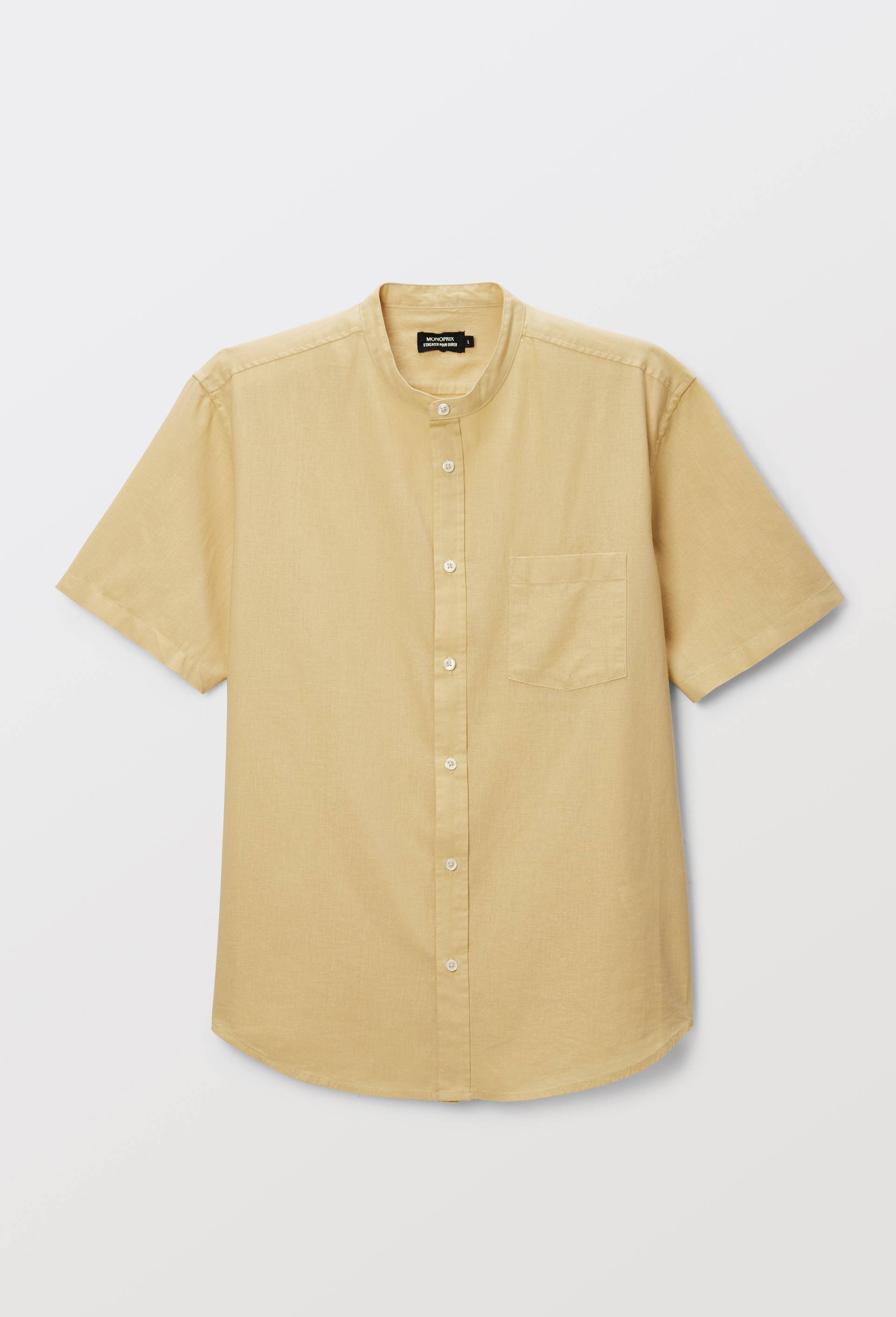 Chemise manches courtes col mao en lin, Jaune fonc&eacute;, large image number 0.0