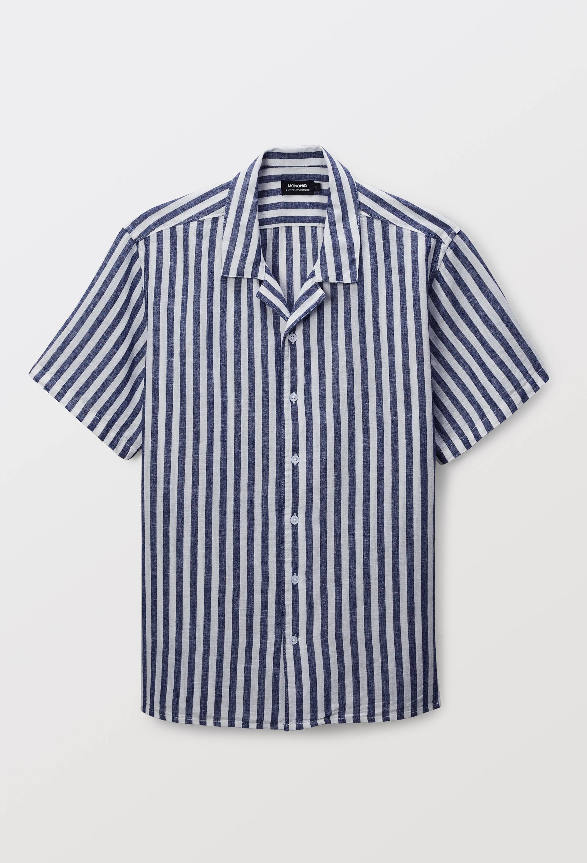 Chemise manches courtes ray&eacute;e en lin et coton, Bleu fonc&eacute;, large image number 5