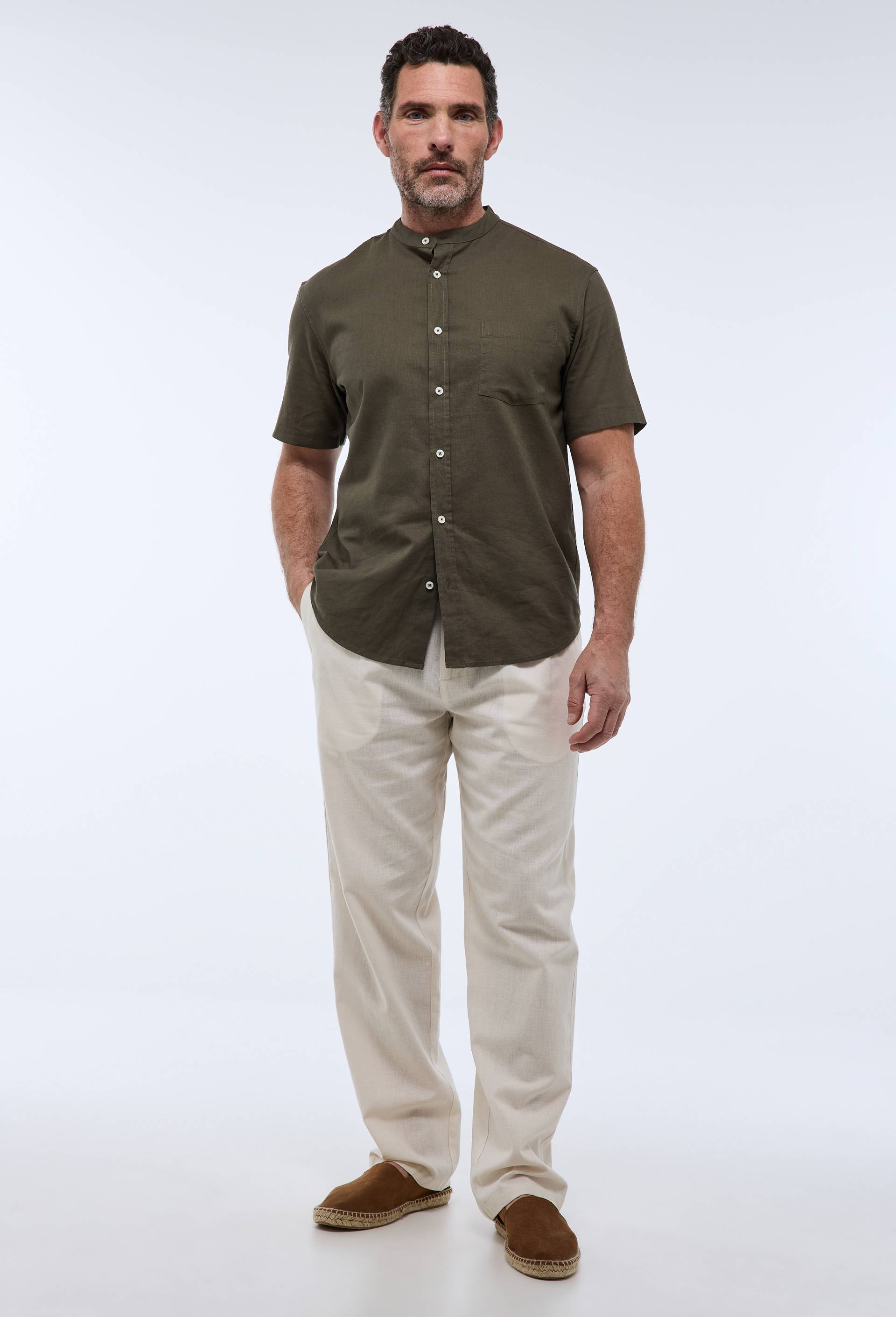Pantalon élastiqué en mélange lin coton, Beige clair, swatch image
