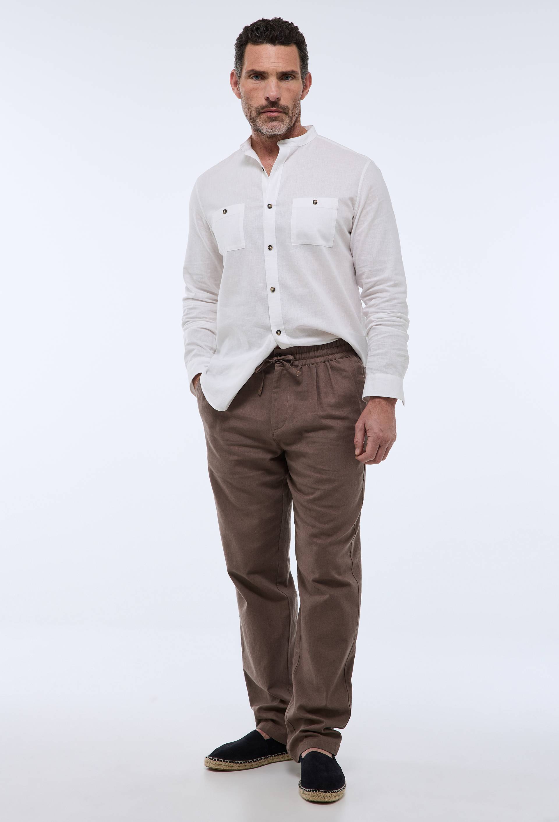 Pantalon élastiqué en mélange lin coton, Brun clair, swatch image