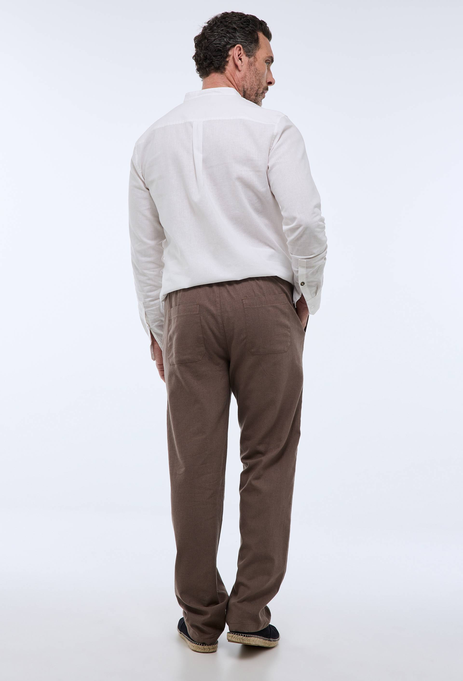 Pantalon élastiqué en mélange lin coton, Brun clair, large image number 1.0