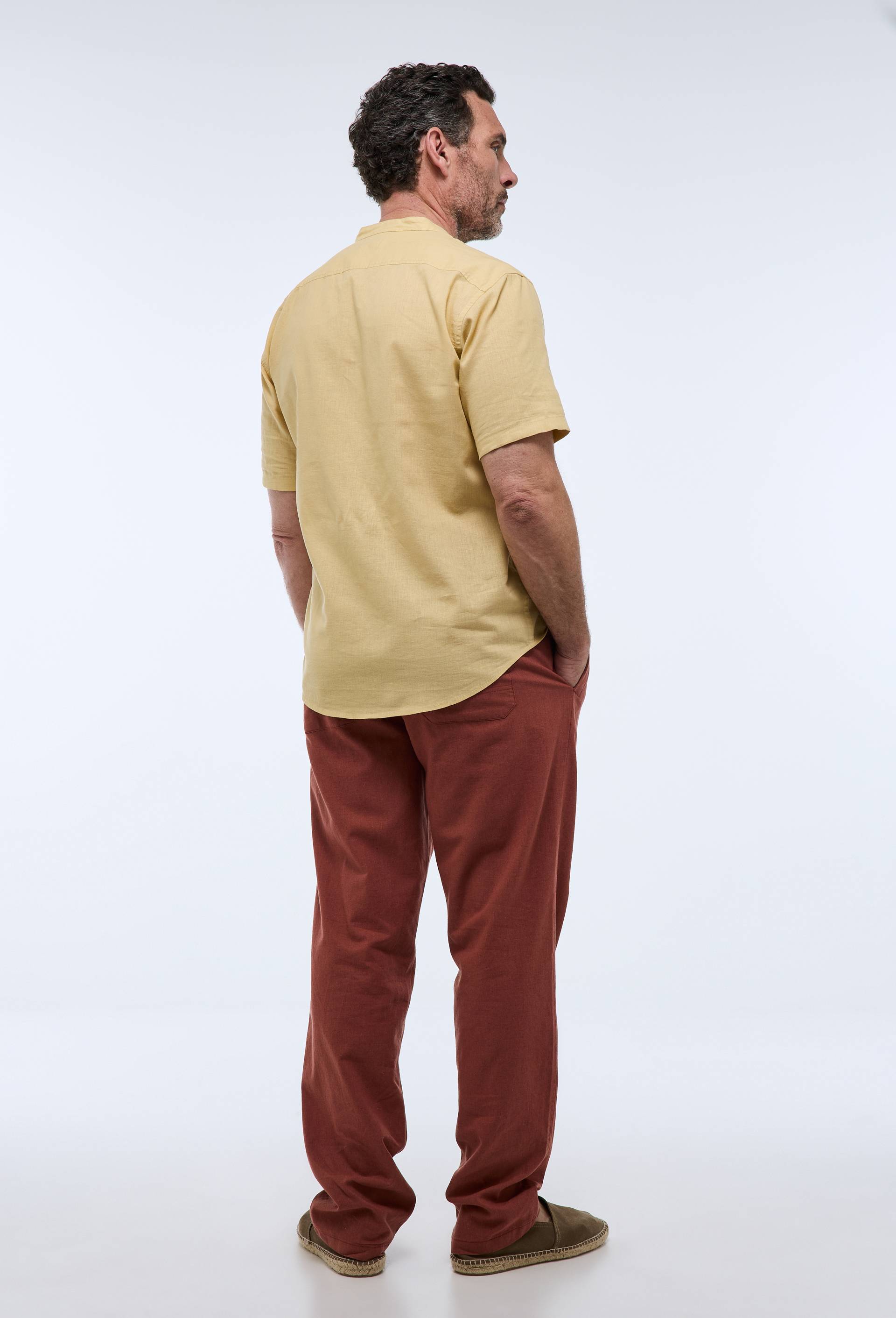 Pantalon élastiqué en mélange lin coton, Brun, large image number 1