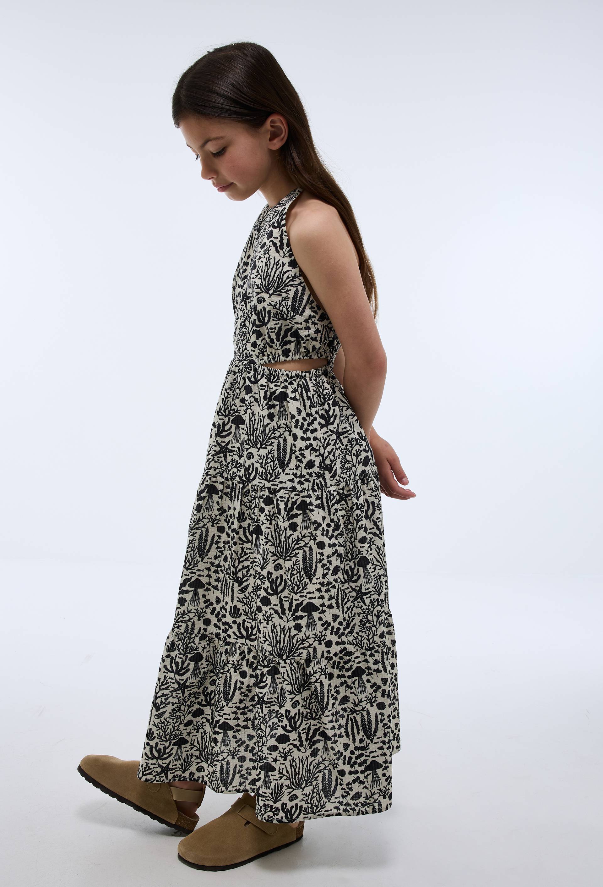 Robe longue unie &agrave; bretelles avec d&eacute;coupes &agrave; la taille, Beige clair, large image number 1