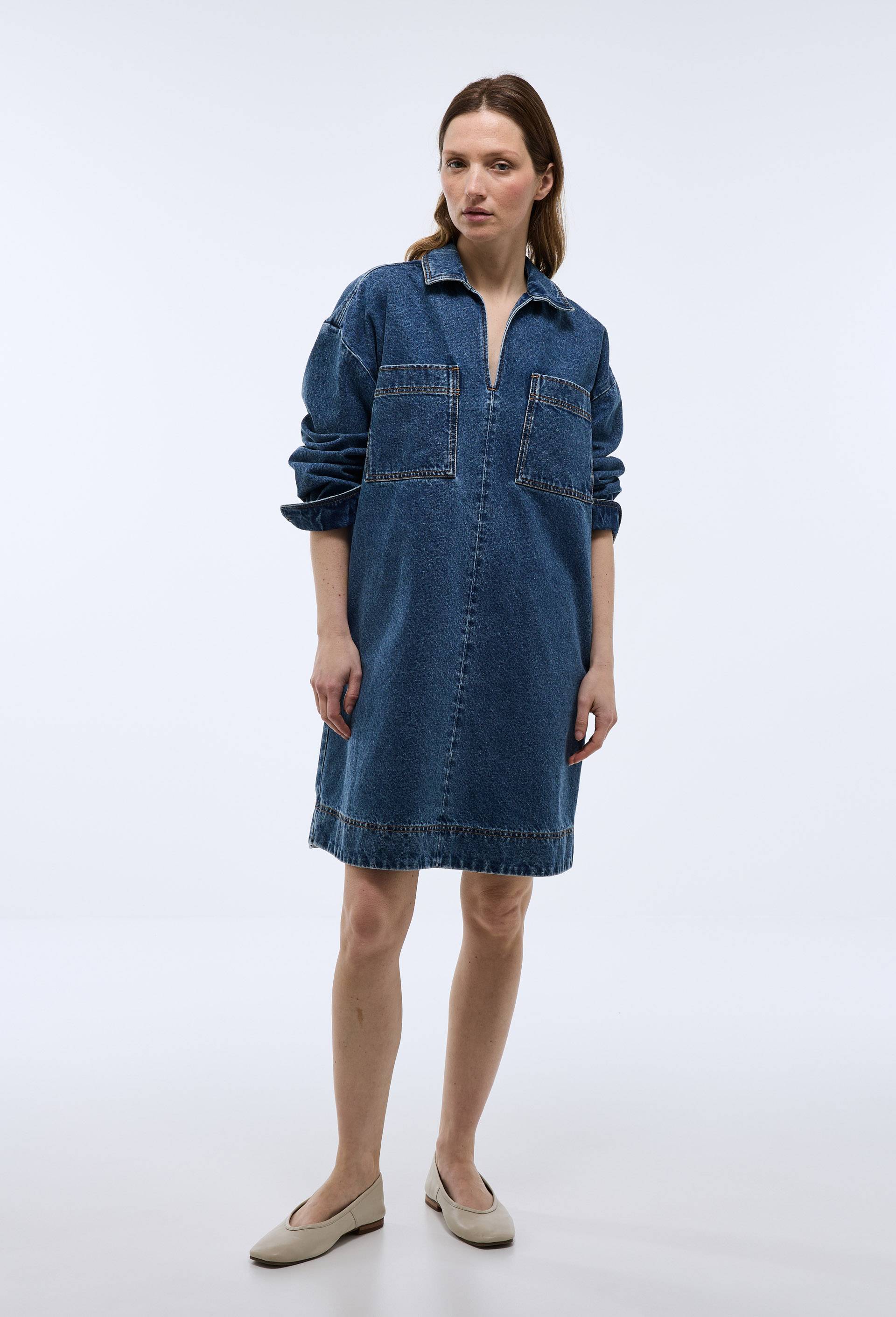 Robe courte denim en coton, Bleu foncé, swatch image