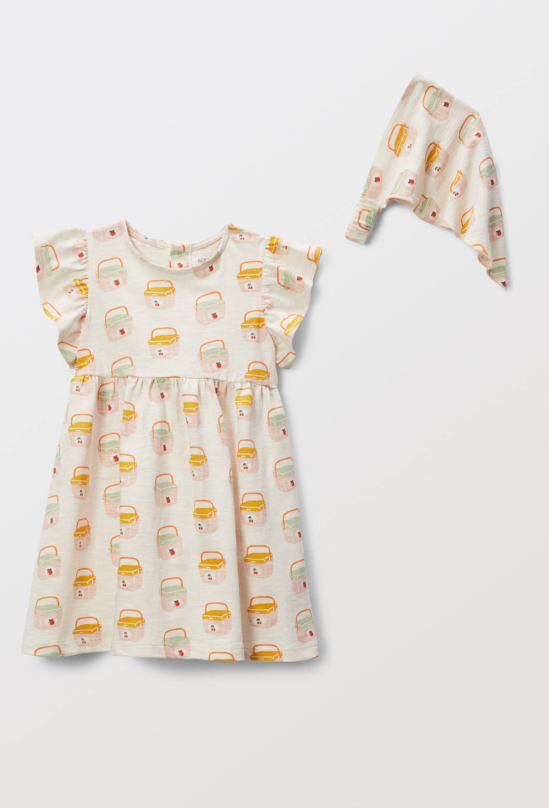 Robe avec fichu imprim&eacute;s en coton BIO GOTS, Beige clair, large image number 0
