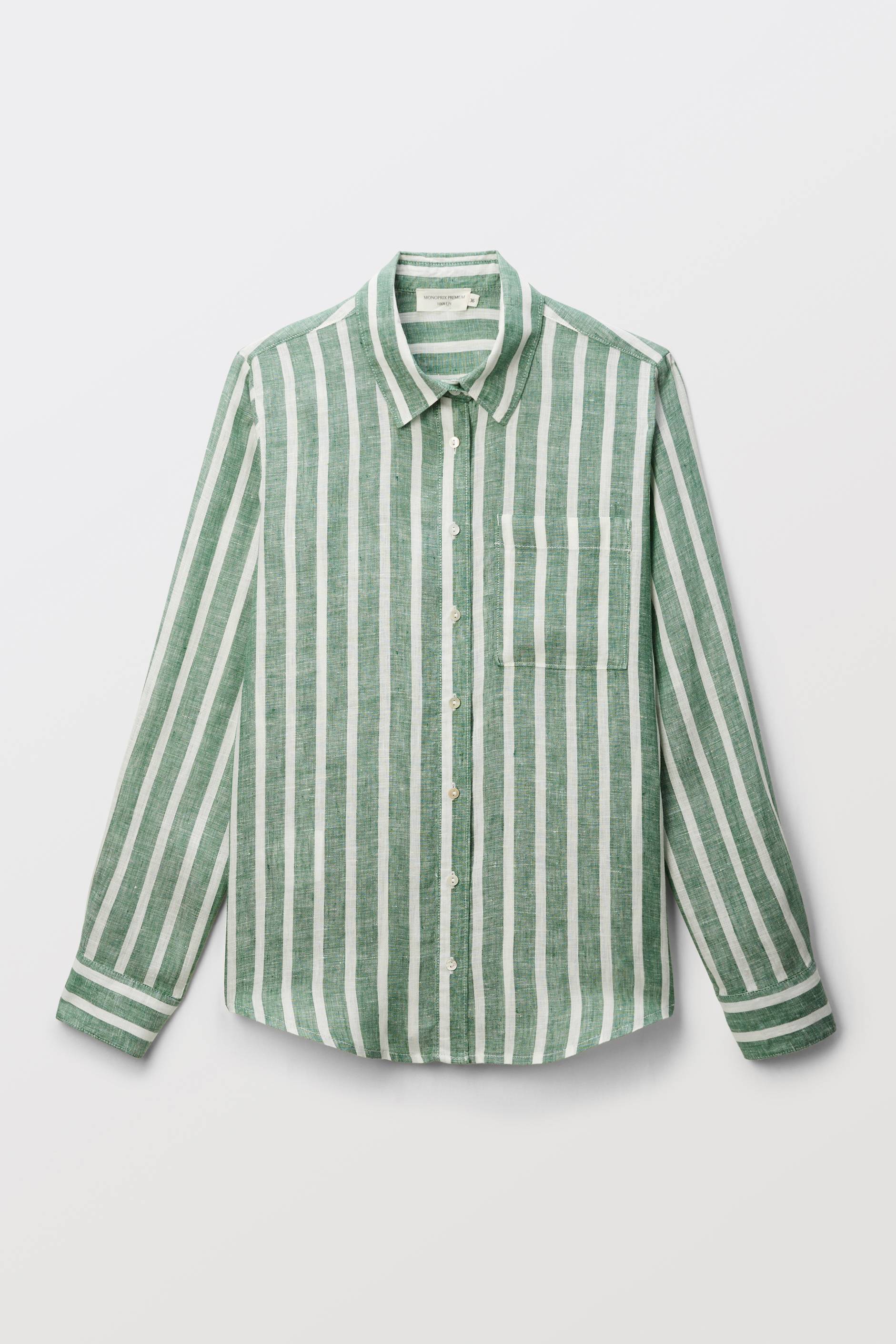 Chemise manches longues ray&eacute;e en lin, Vert, large image number 3.0