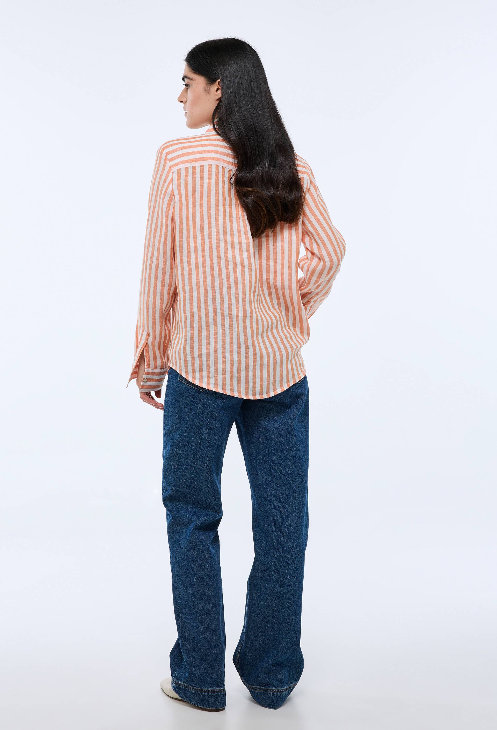 Chemise manches longues rayée en lin, Orange, swatch image