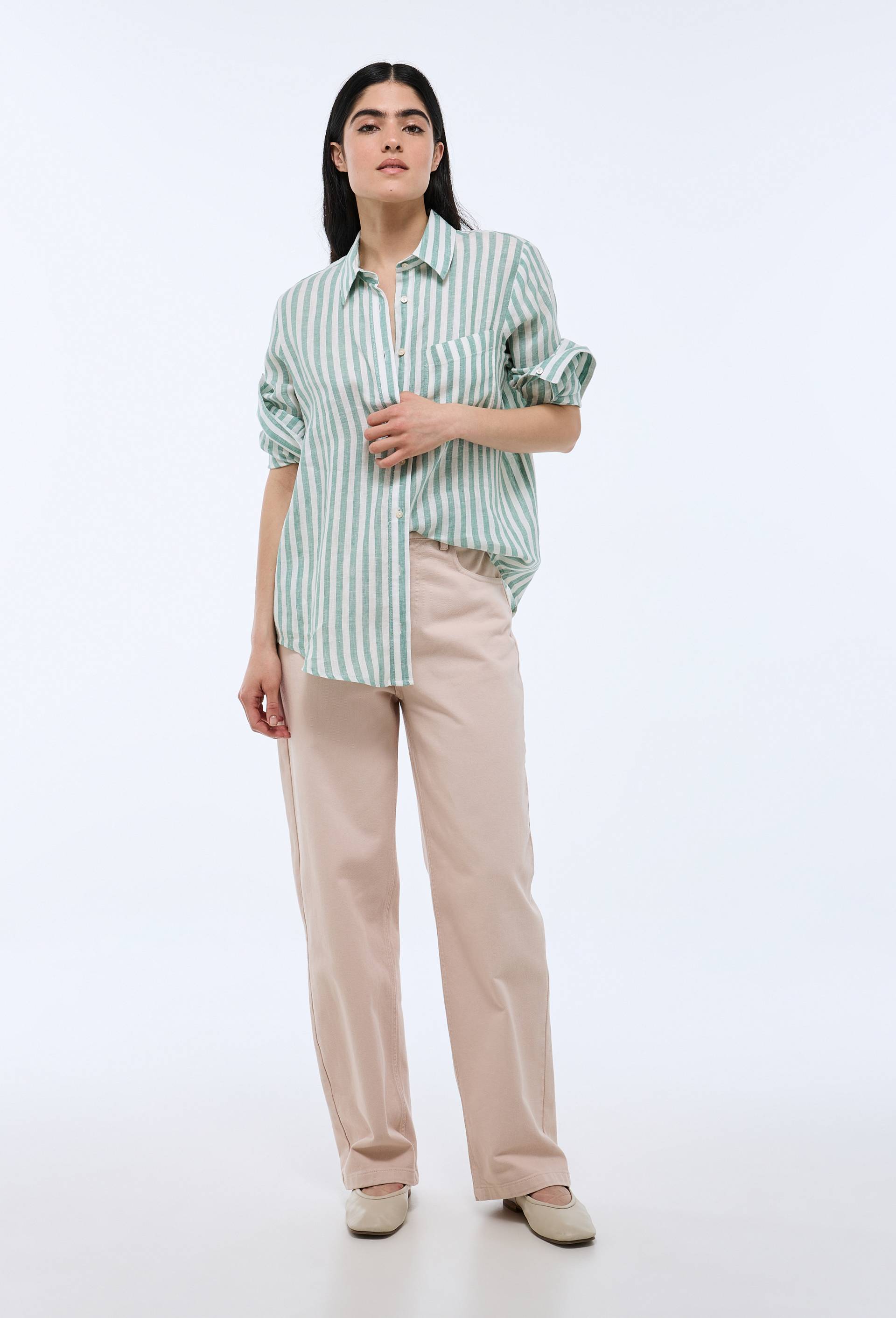 Chemise manches longues rayée en lin, Vert, swatch image