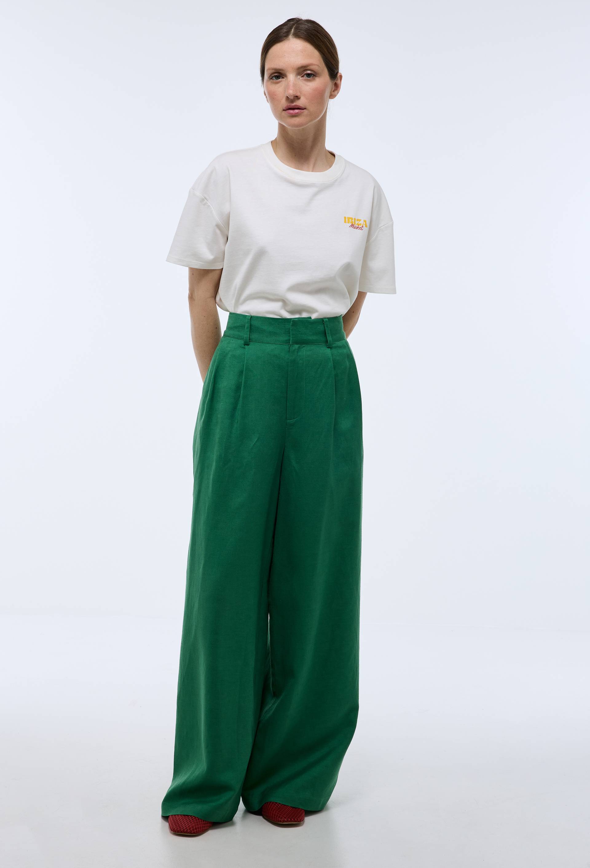 Pantalon large contenant du lin, Vert, large image number 1.0