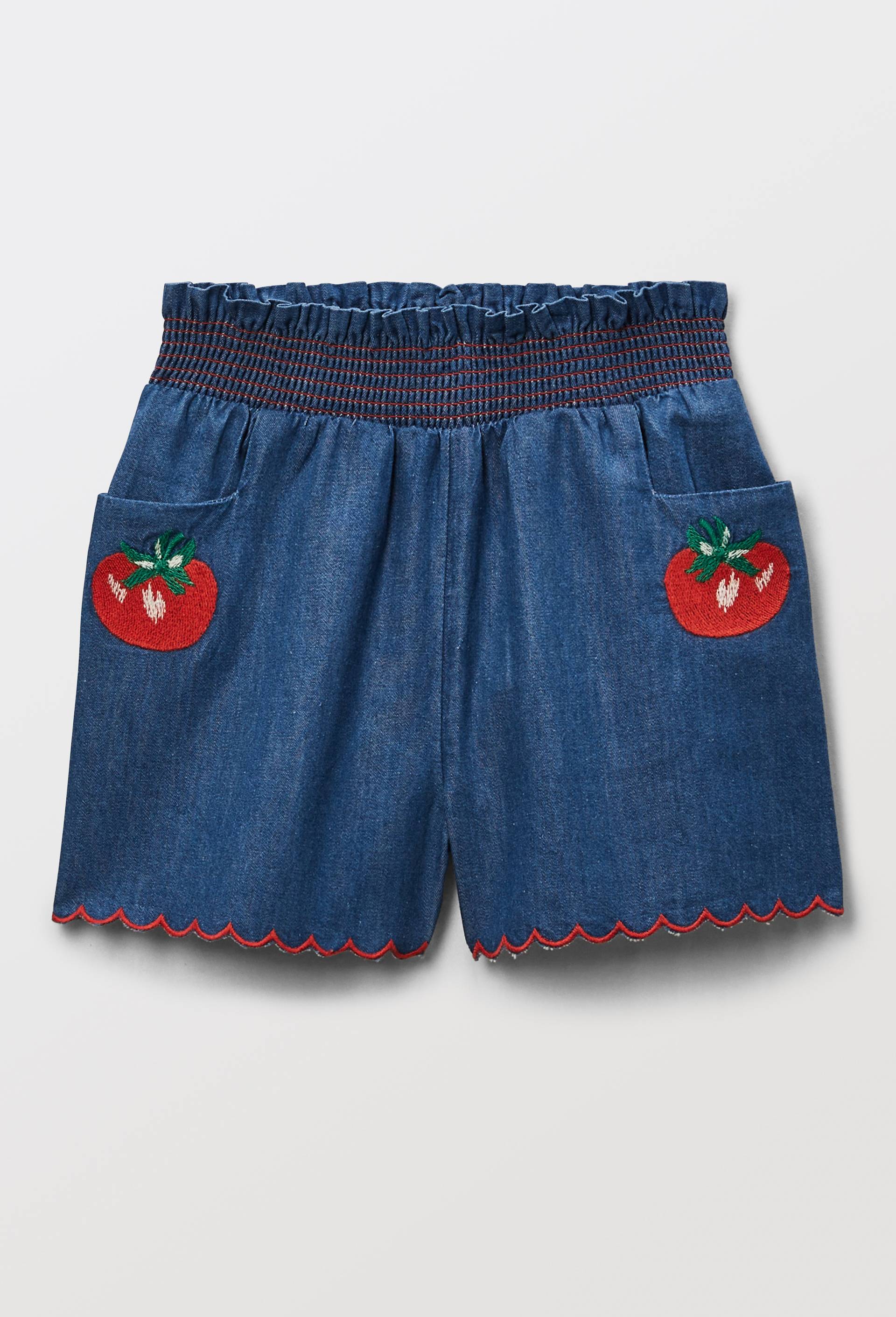 Short uni en coton chambray brod&eacute;, Bleu, large image number 0