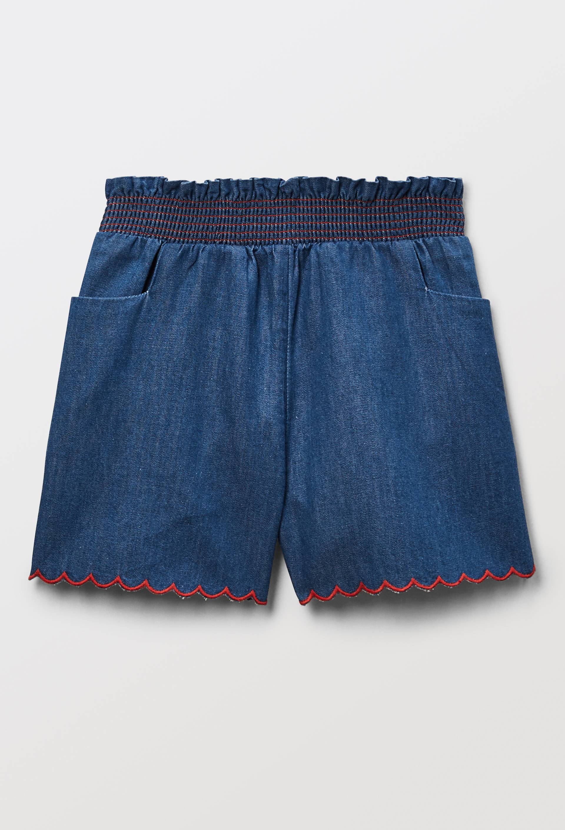 Short uni en coton chambray brod&eacute;, Bleu, large image number 1
