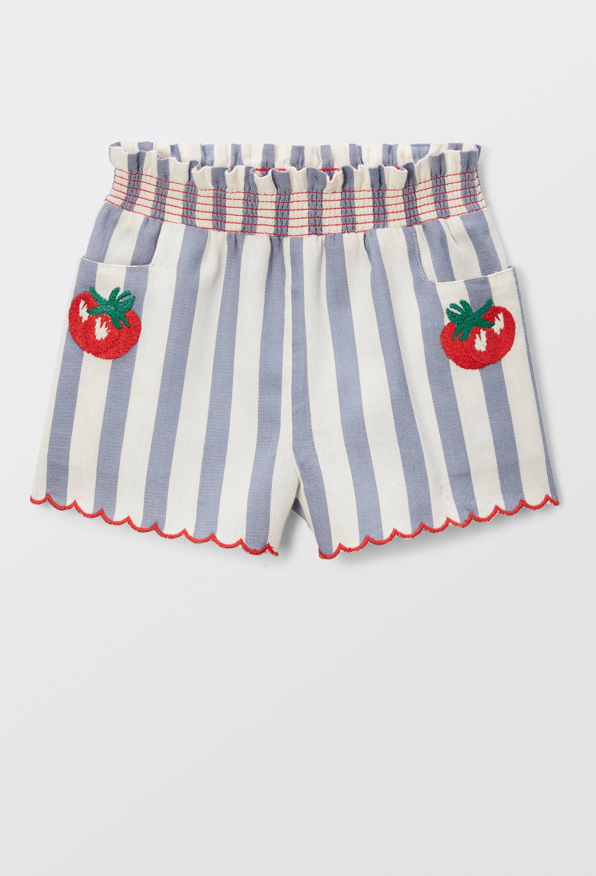Short raye en coton chambray brodé, Bleu, large image number 0.0