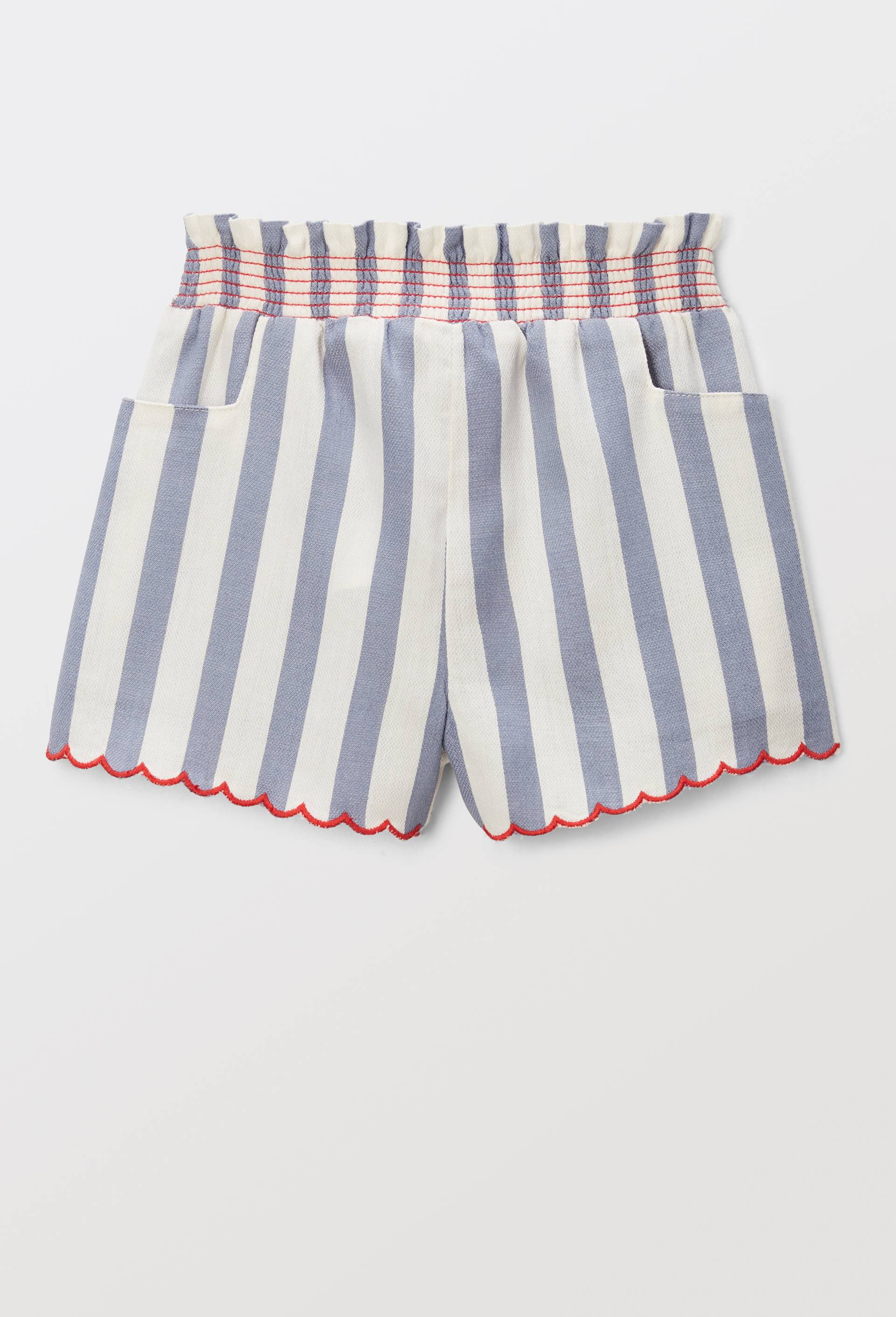 Short raye en coton chambray brodé, Bleu, large image number 1