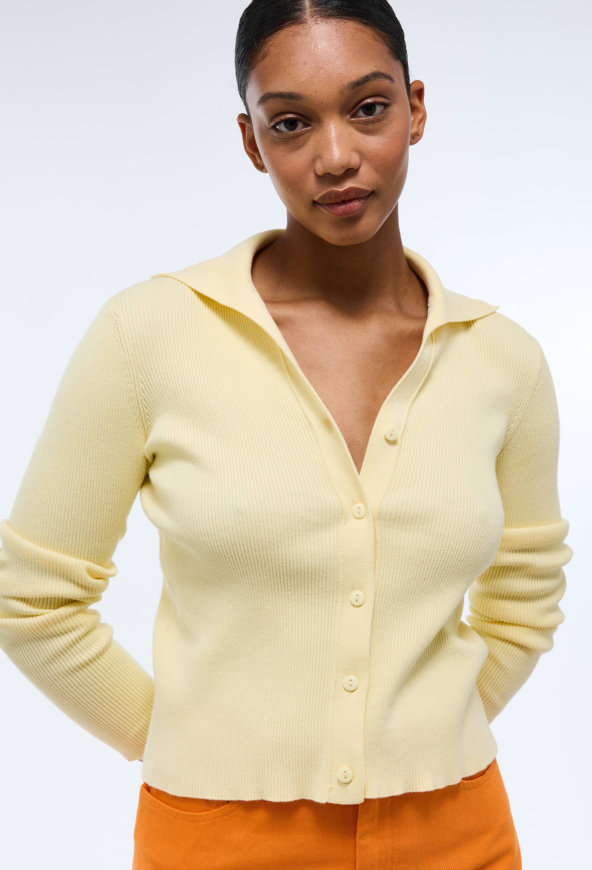 Cardigan col polo à côtes, Jaune clair, large image number 1