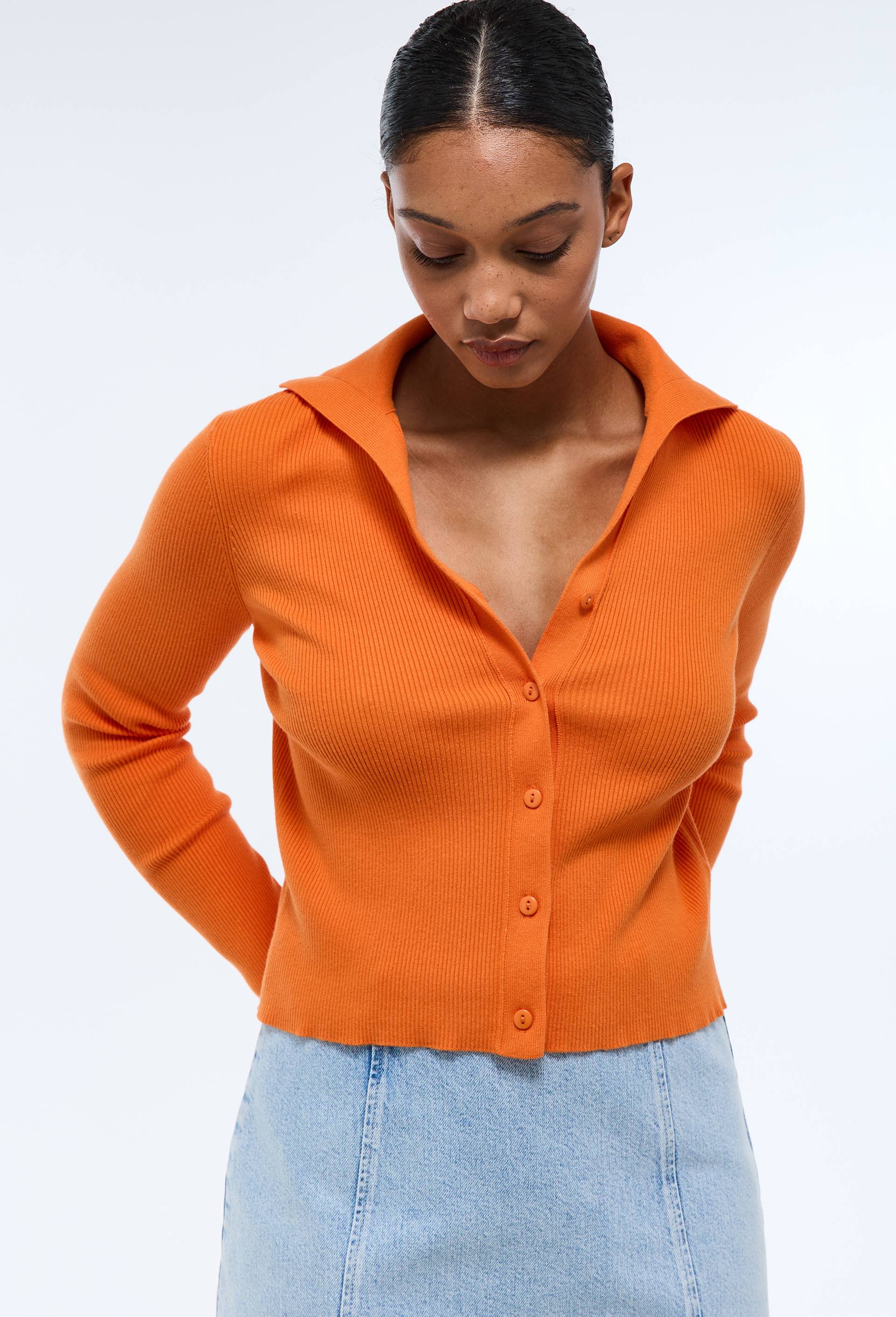 Cardigan col polo à côtes, Orange, large image number 0