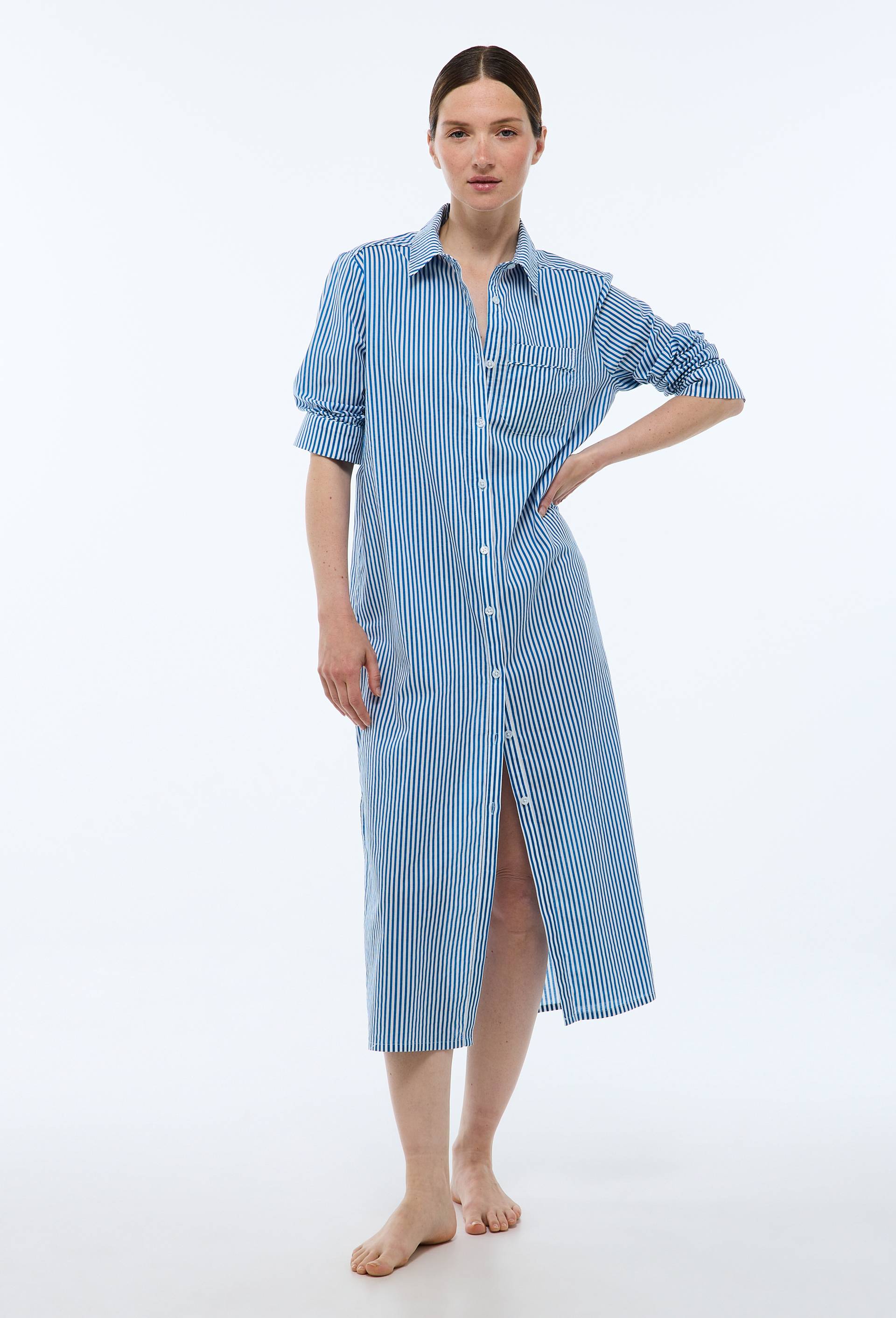 Chemise de nuit ray&eacute;e en coton BIO GOTS, Bleu, large image number 0