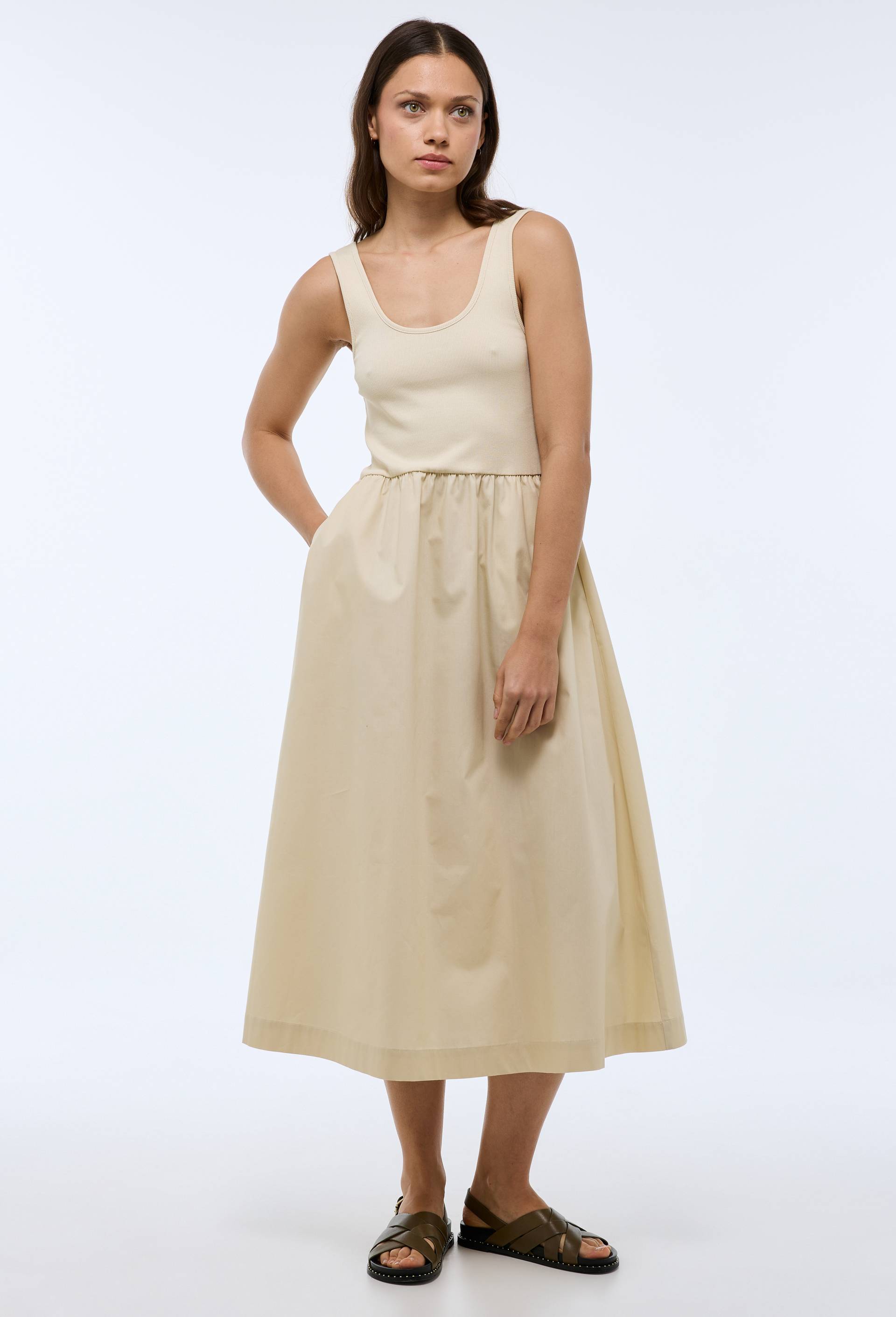 Robe longue bi-mati&egrave;re unie en coton, Beige clair, large image number 0