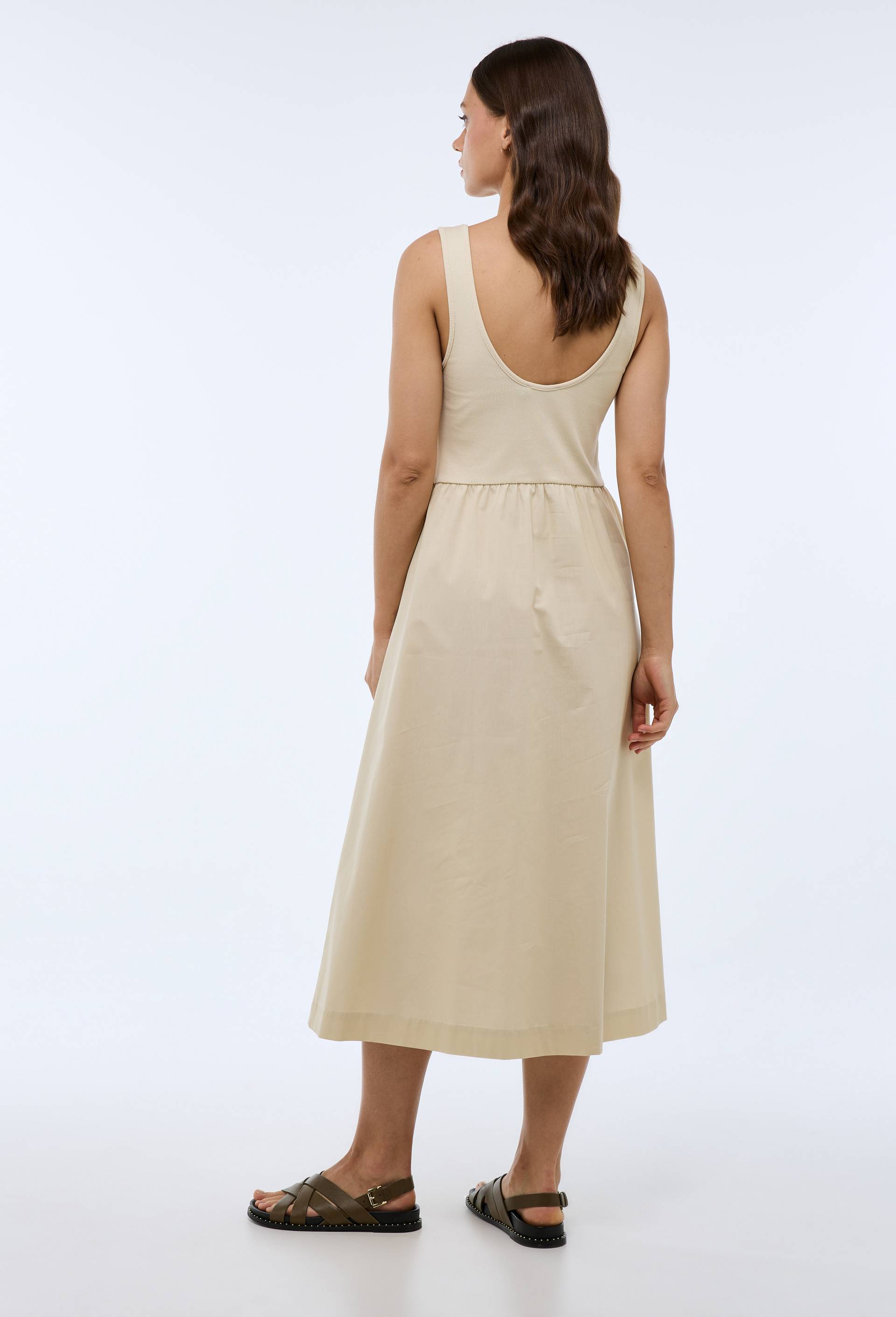 Robe longue bi-mati&egrave;re unie en coton, Beige clair, large image number 1