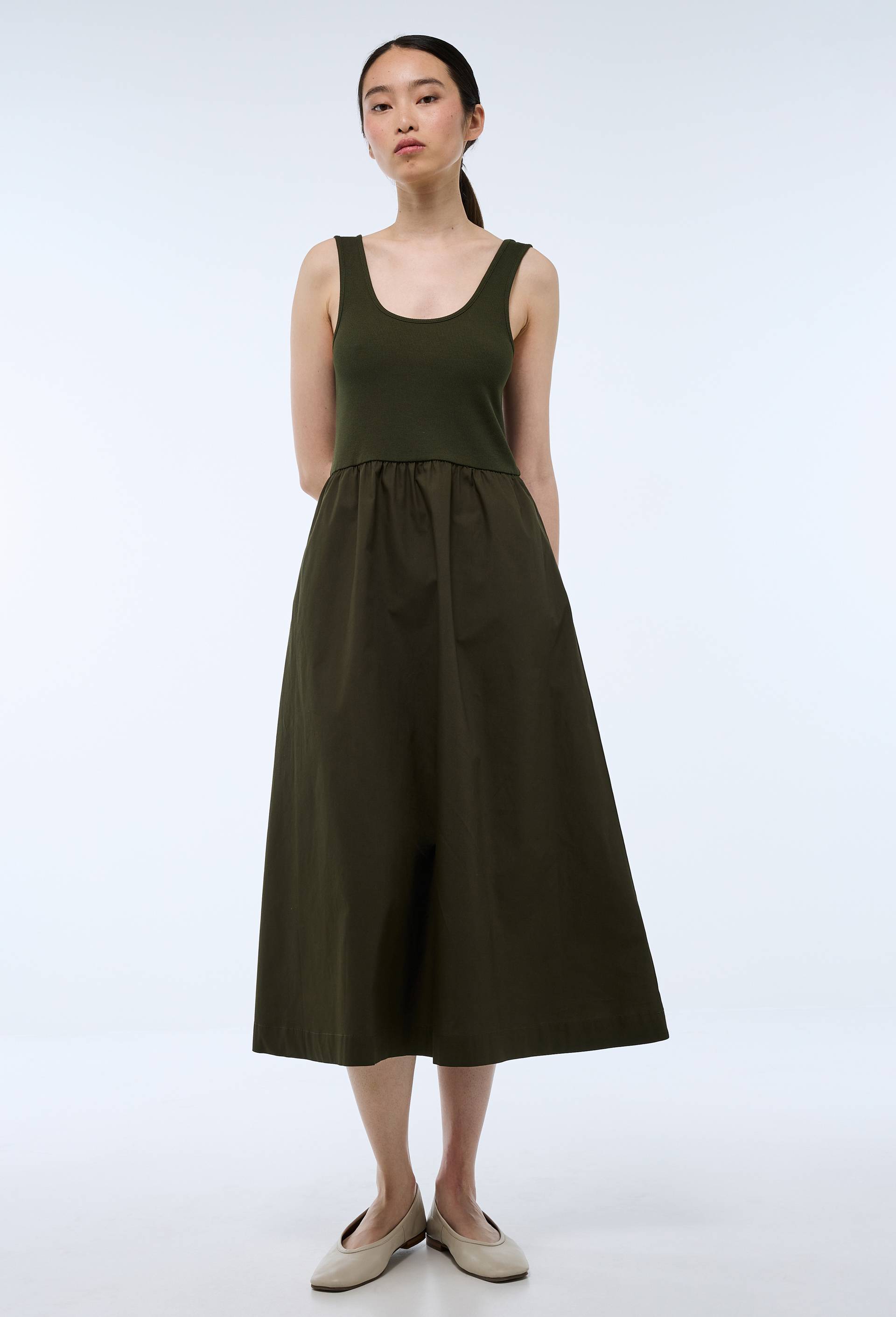 Robe longue bi-matière unie en coton BIO GOTS, Vert foncé, swatch image