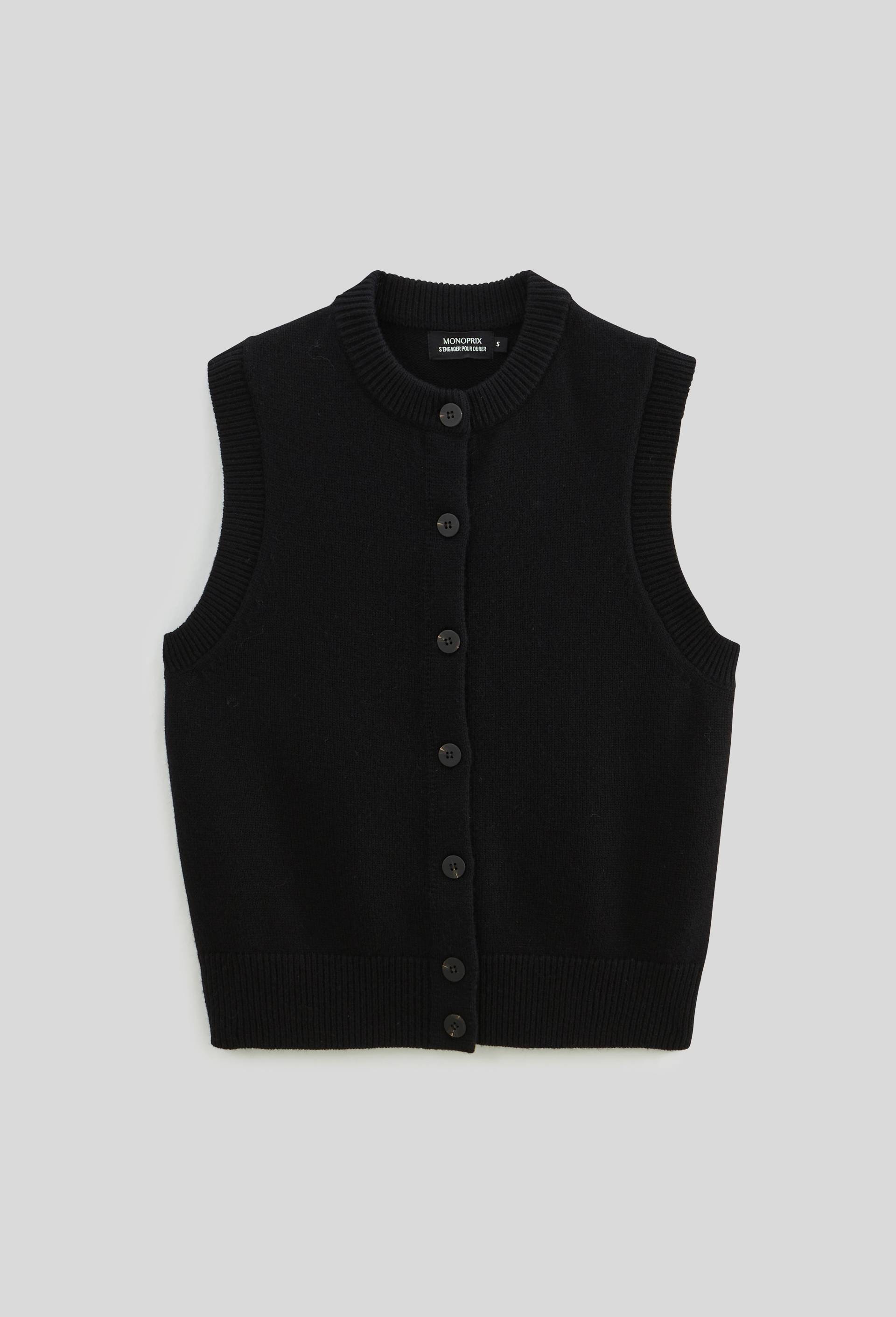 Cardigan sans manches contenant de la laine et du coton, Noir, large image number 2