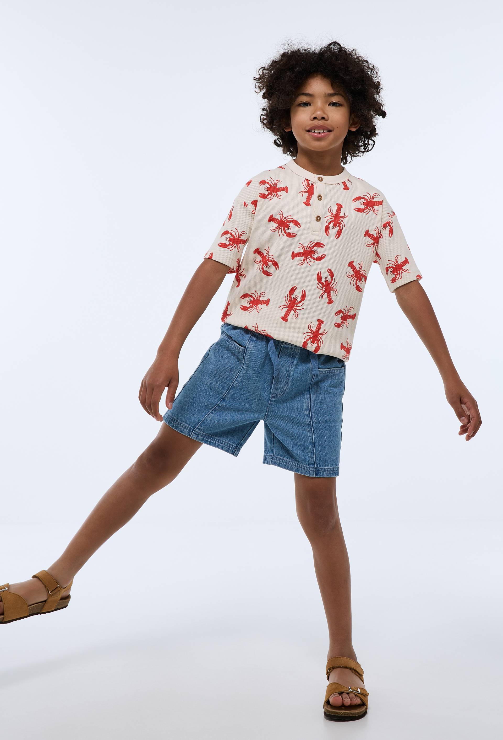 Short en jean taille &eacute;lastiqu&eacute;e en coton, Bleu clair, large image number 0