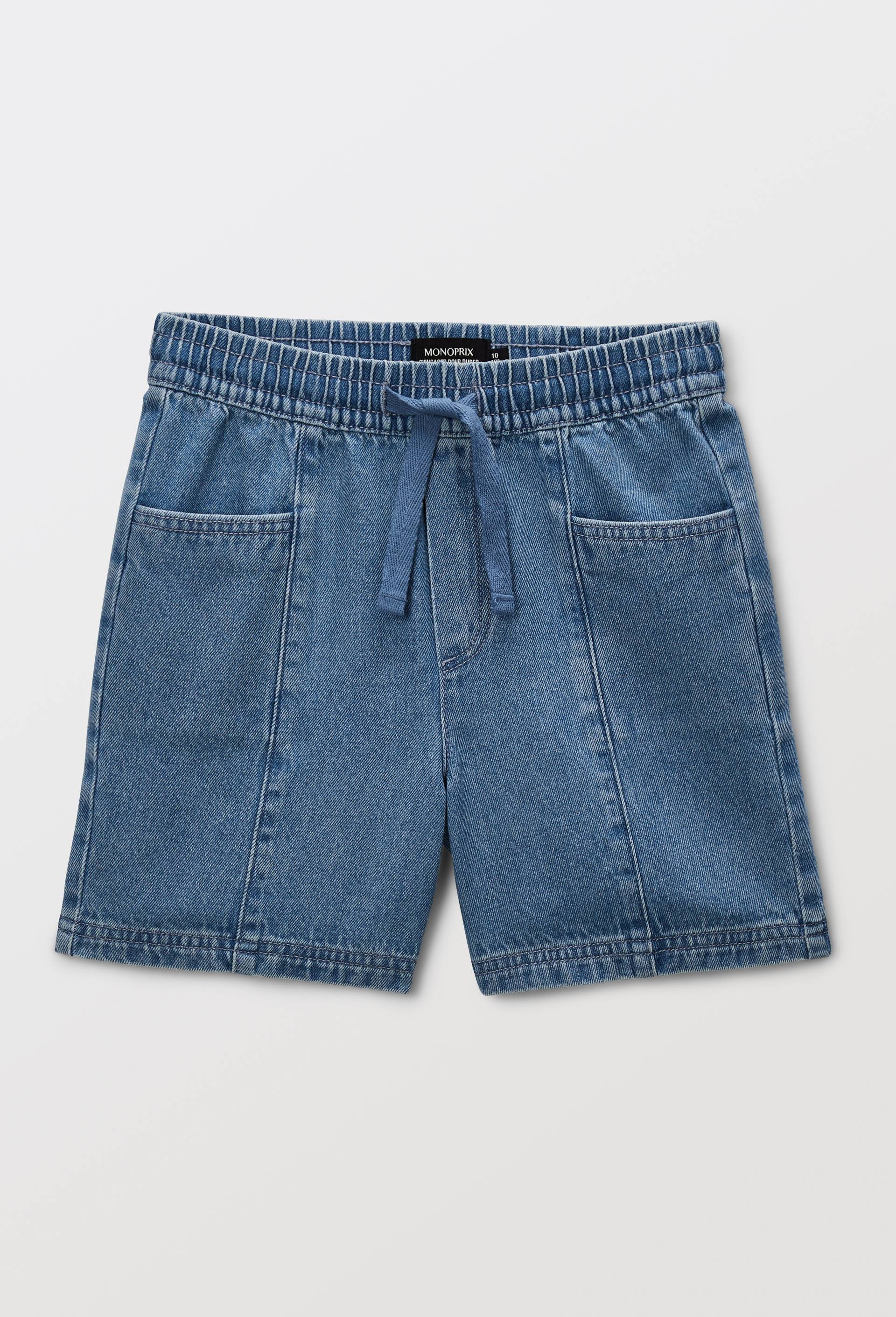 Short en jean taille &eacute;lastiqu&eacute;e en coton, Bleu clair, large image number 1.0