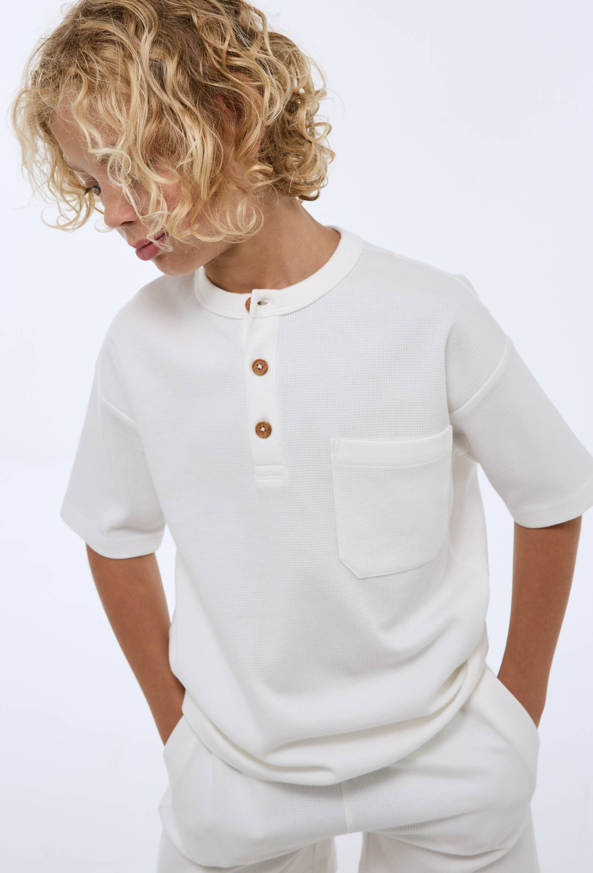 T-shirt manches courtes uni en nid d'abeille en coton BIO GOTS, Ecru, large image number 0