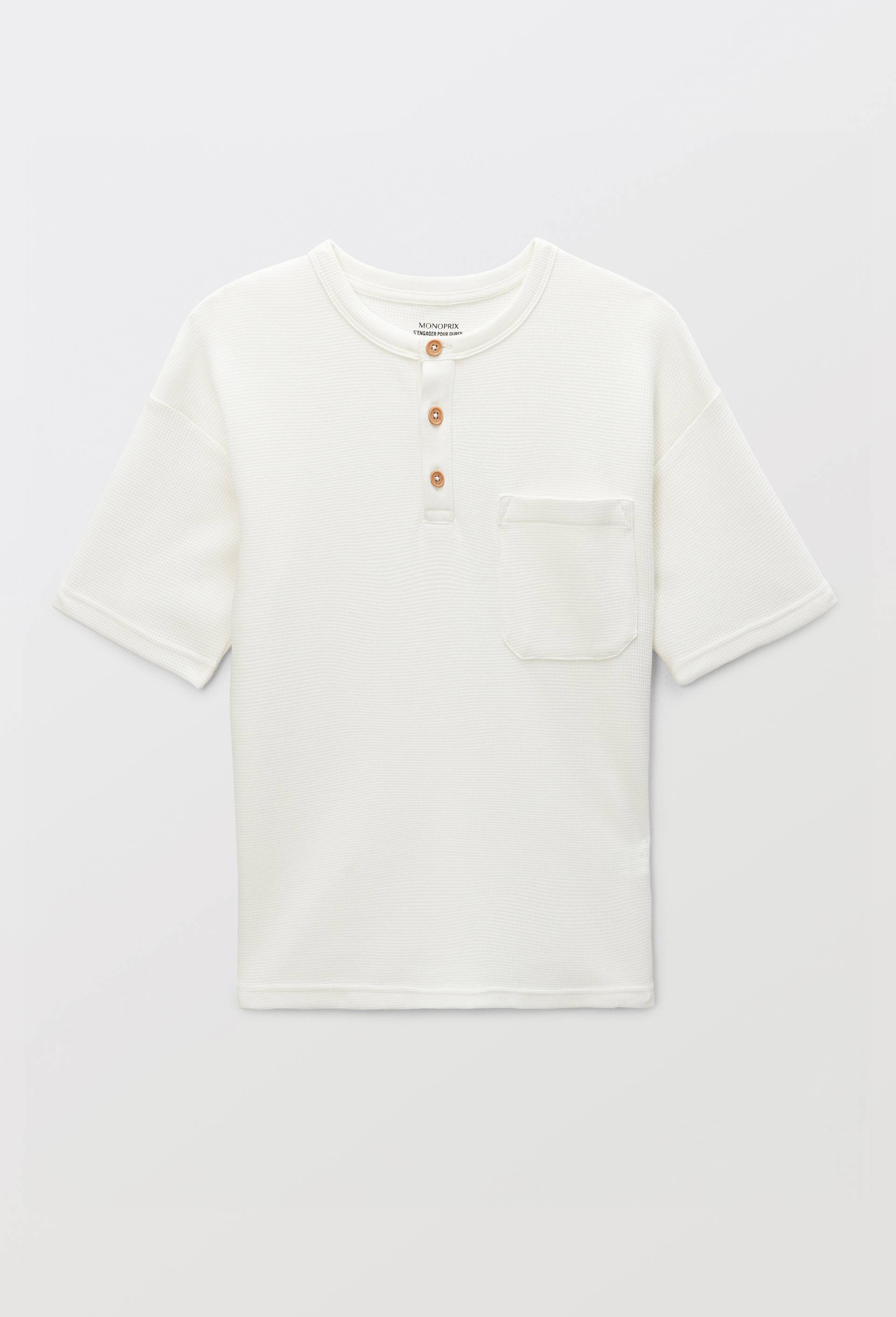 T-shirt manches courtes uni en nid d'abeille en coton BIO GOTS, Ecru, large image number 2.0