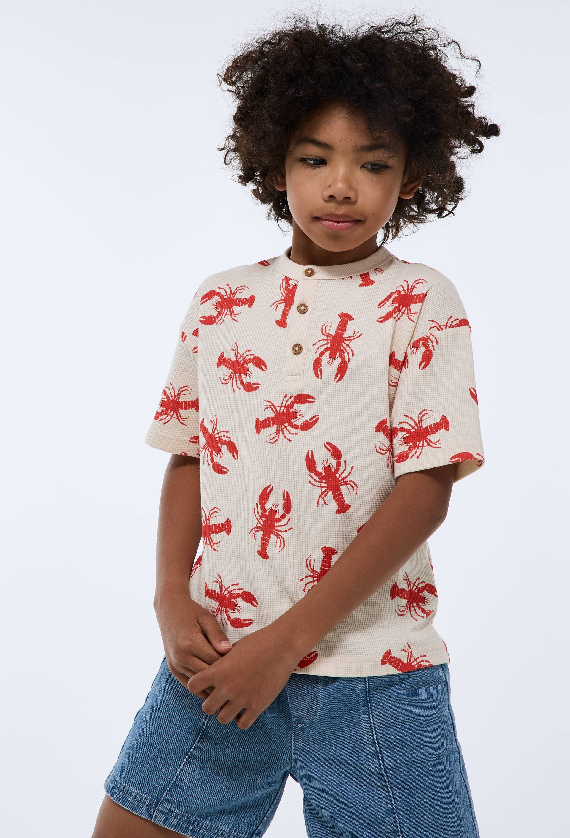 T-shirt manches courtes en nid d'abeille imprim&eacute; en coton BIO GOTS, Ecru, large image number 2.0