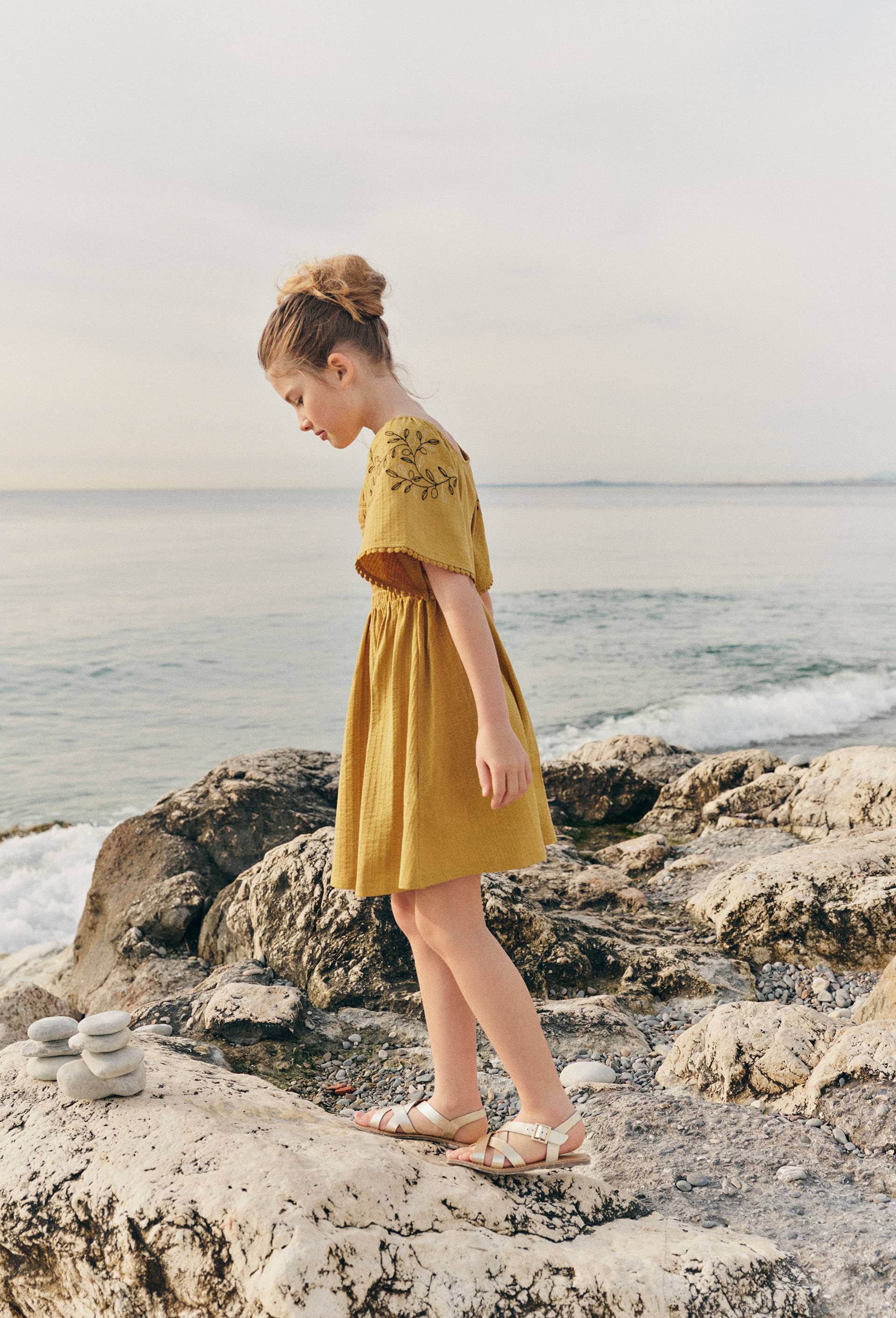 Robe manches brod&eacute;es en coton, Jaune fonc&eacute;, large image number 1.0