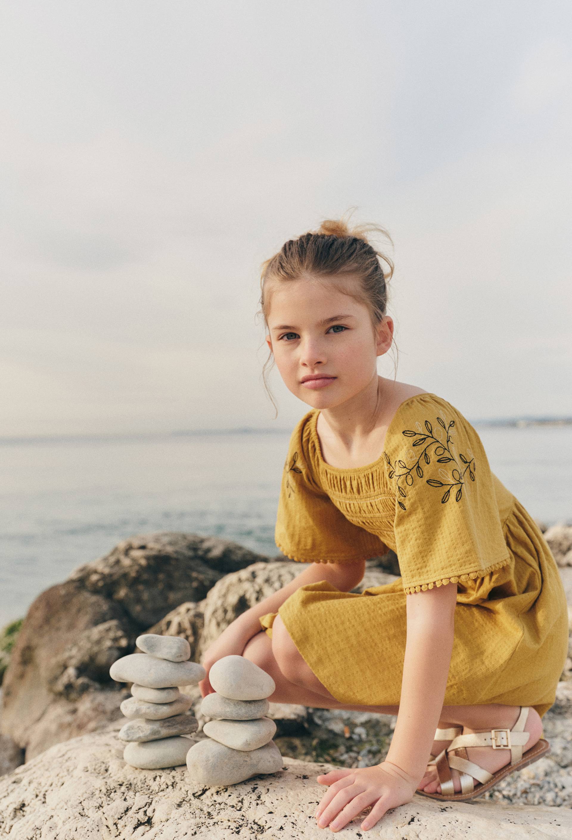 Robe manches brod&eacute;es en coton, Jaune fonc&eacute;, large image number 2.0
