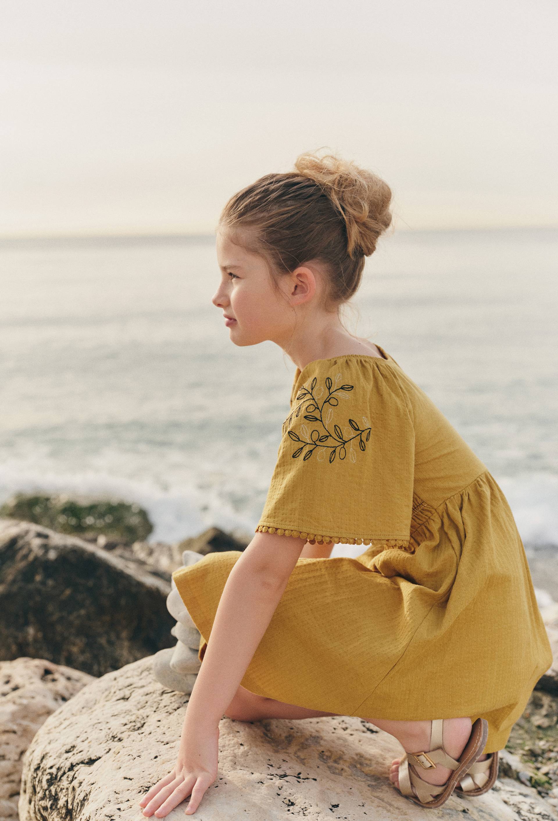 Robe manches brod&eacute;es en coton, Jaune fonc&eacute;, large image number 3