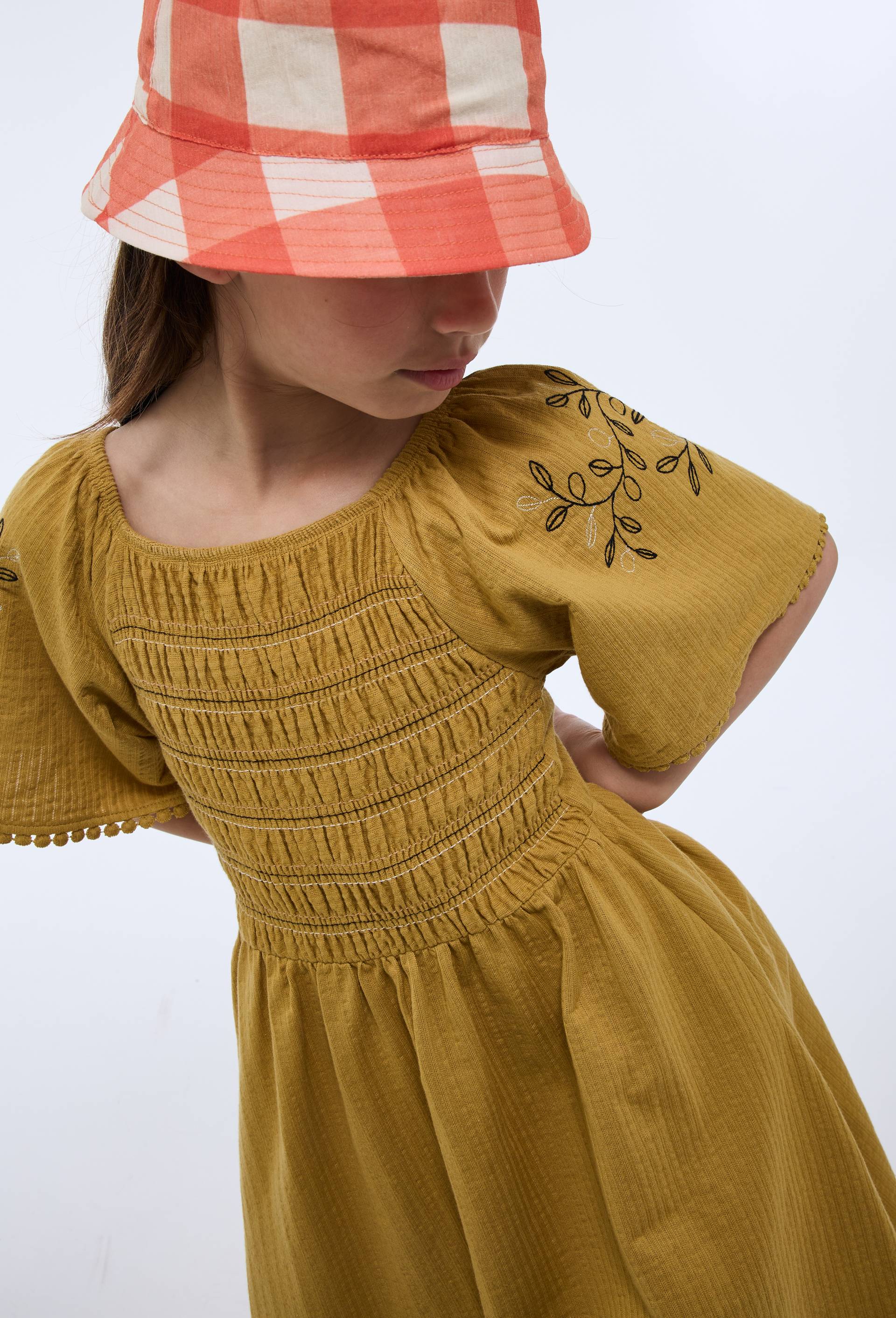 Robe manches brod&eacute;es en coton, Jaune fonc&eacute;, large image number 4