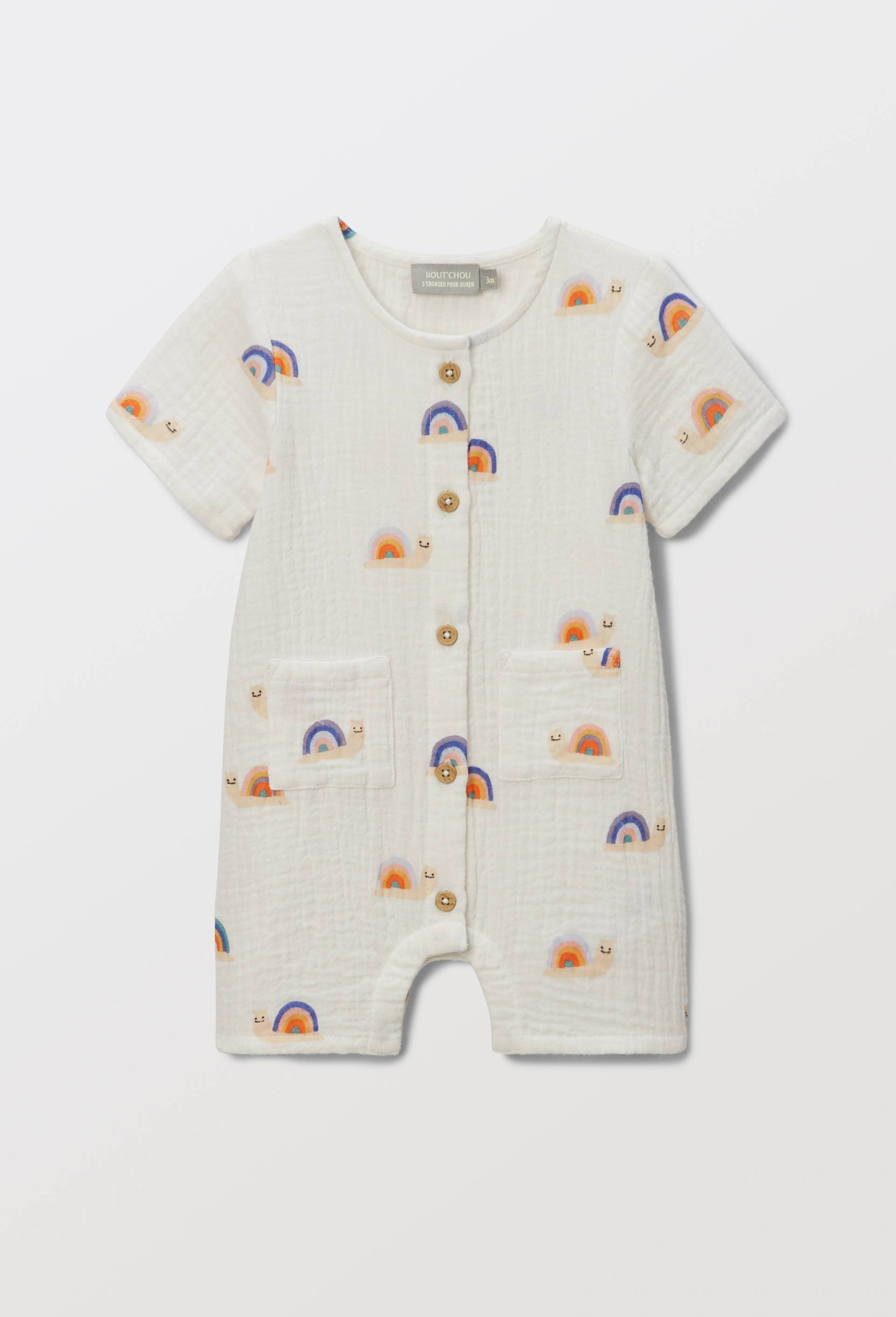 Combinaison courte en double gaze imprim&eacute;e en coton BIO GOTS, Beige clair, large image number 0