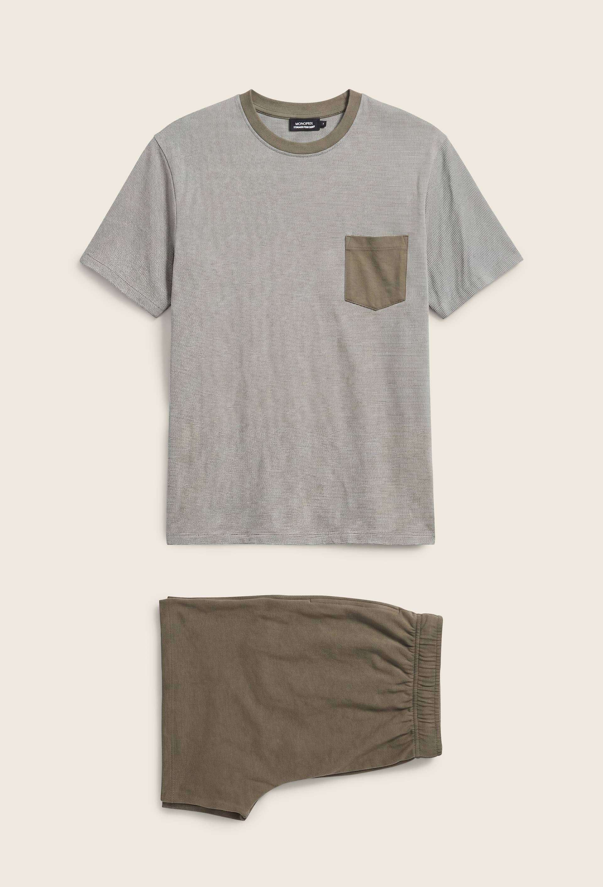 Pyjama T-shirt manches courtes ray&eacute; et Short en jersey de coton BIO GOTS, Vert, large image number 0