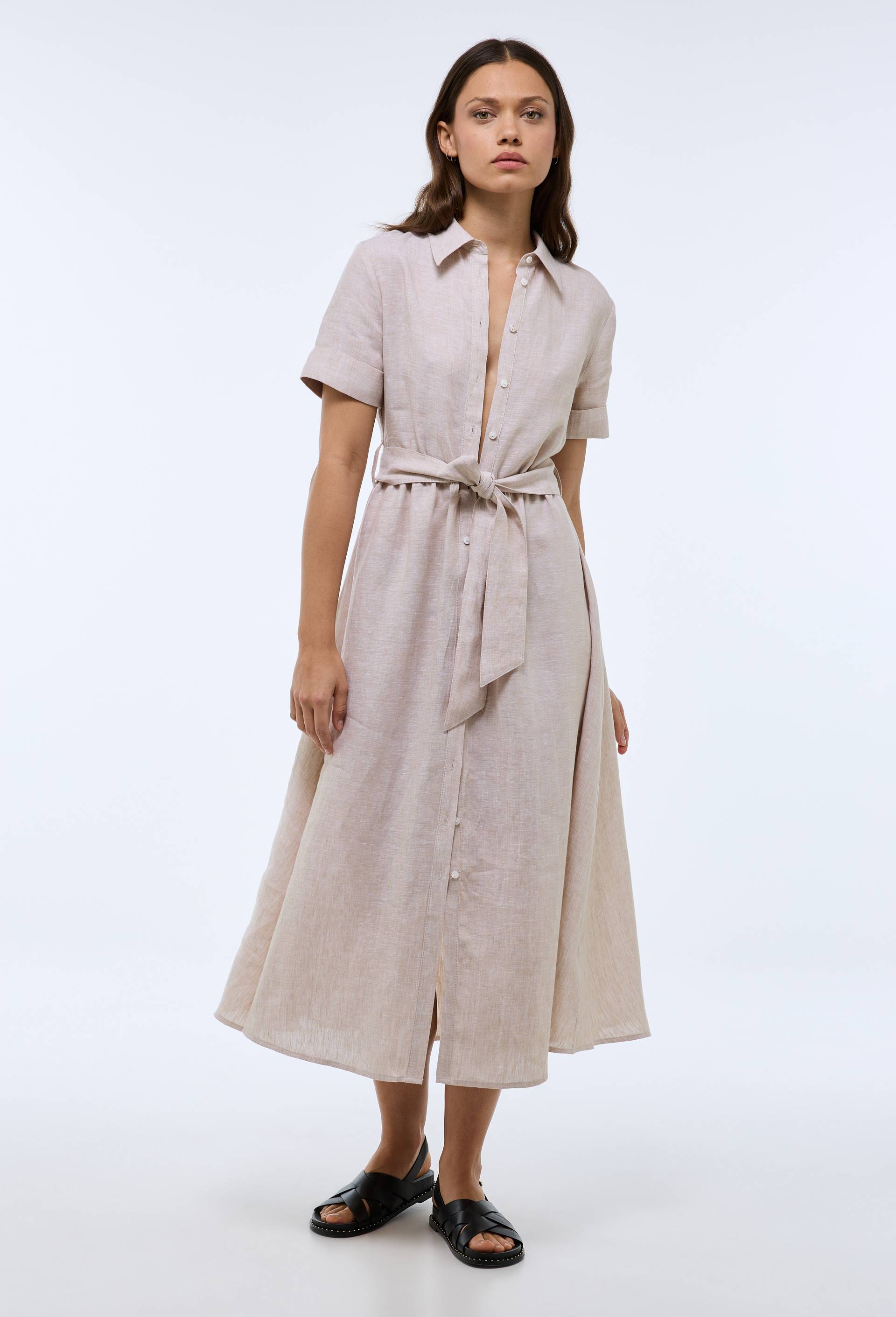 Robe chemise midi unie en lin BEIGE CLAIR pour femme MONOPRIX