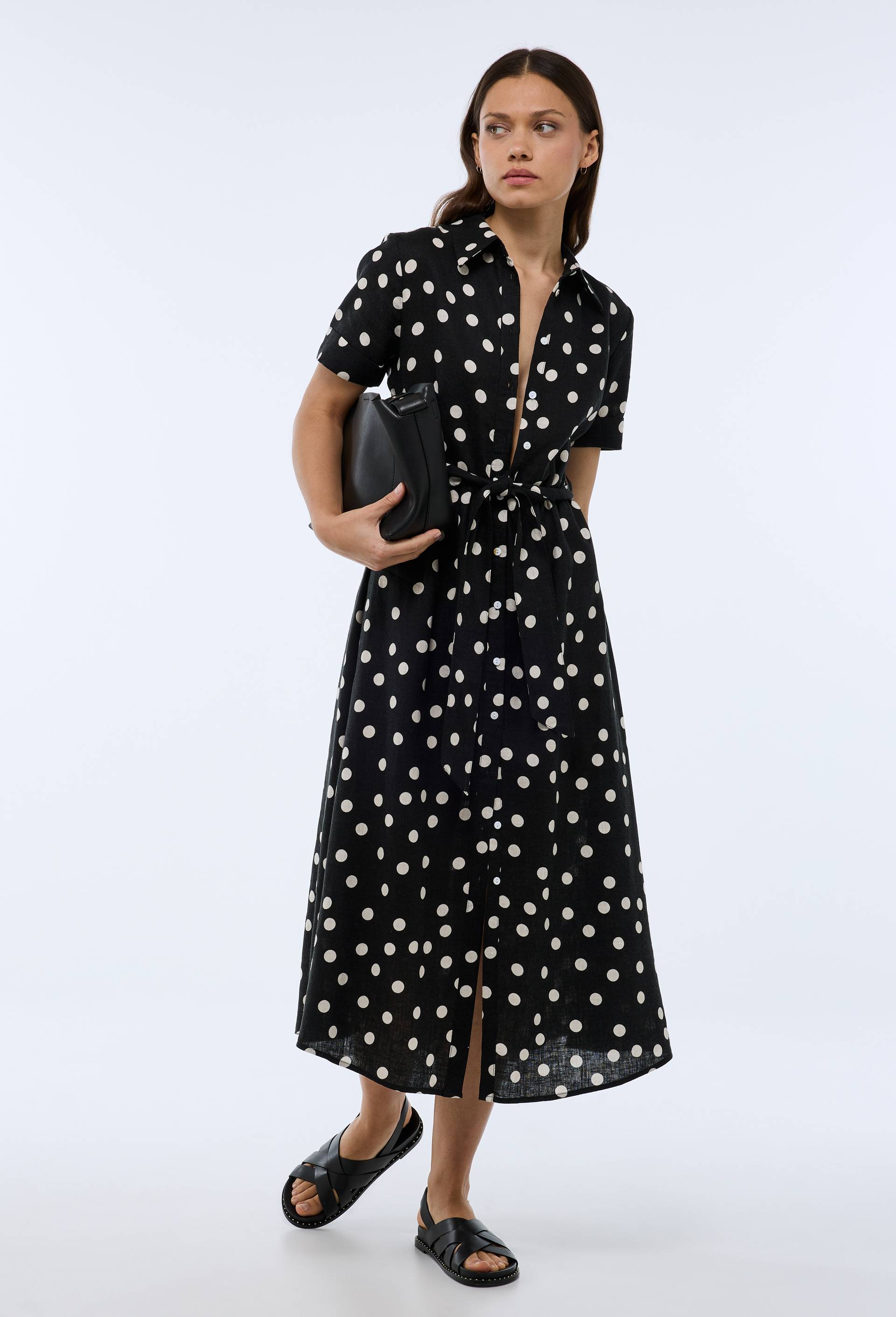 Robe chemise midi à pois en lin NOIR pour femme MONOPRIX