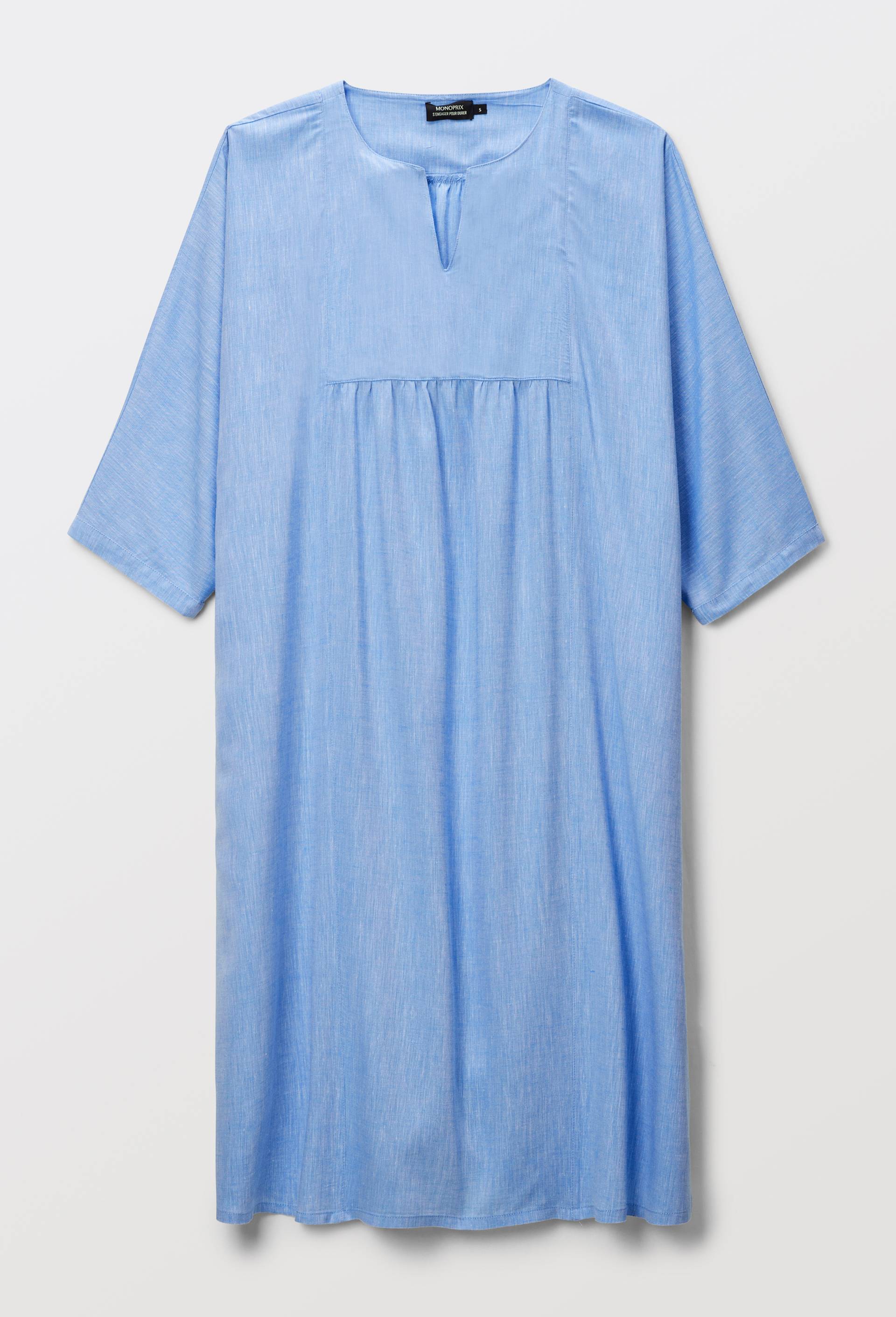 Chemise de nuit unie &agrave; manches courtes en viscose et lin, Bleu clair, large image number 2