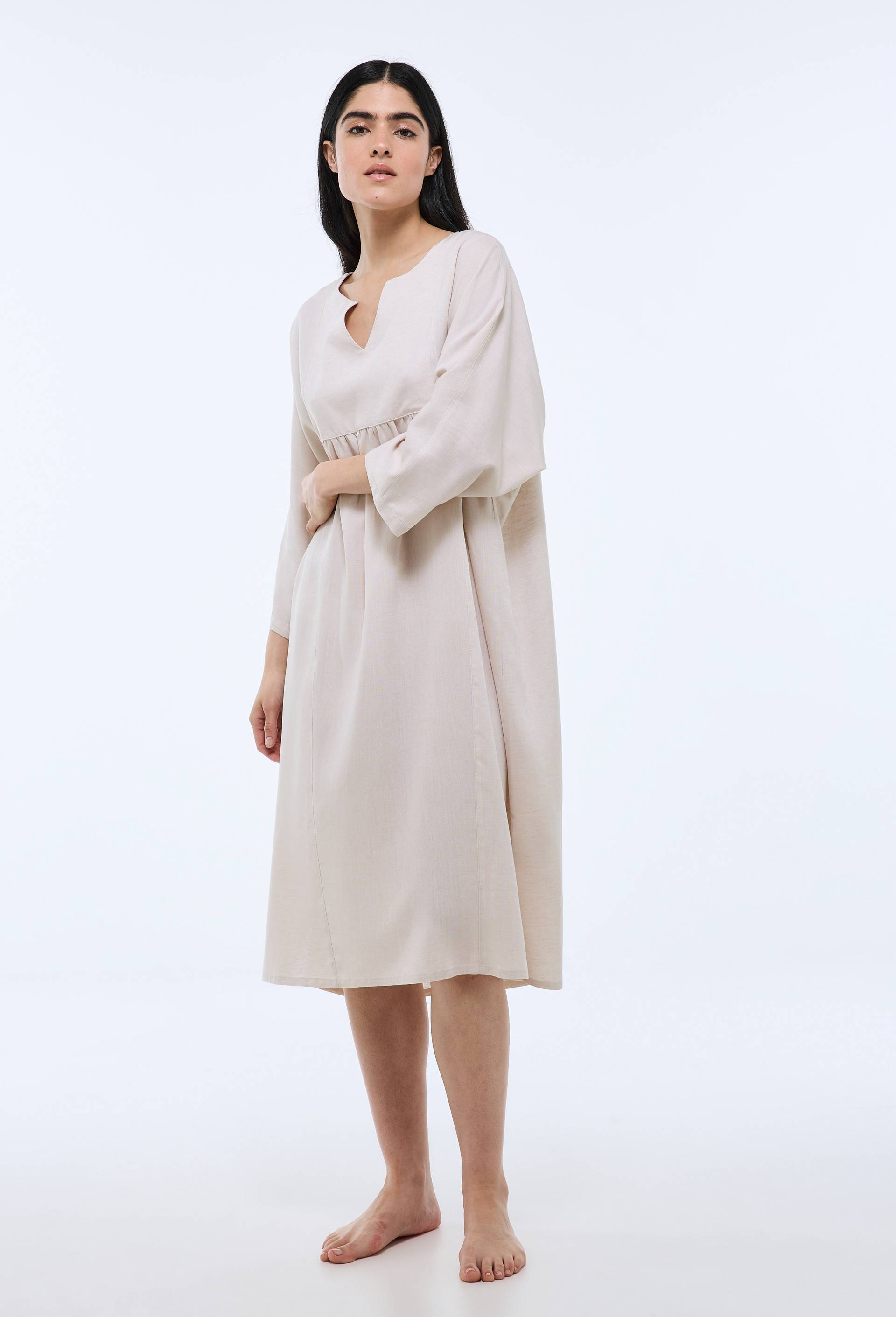 Chemise de nuit unie &agrave; manches courtes en viscose et lin, Beige clair, large image number 0