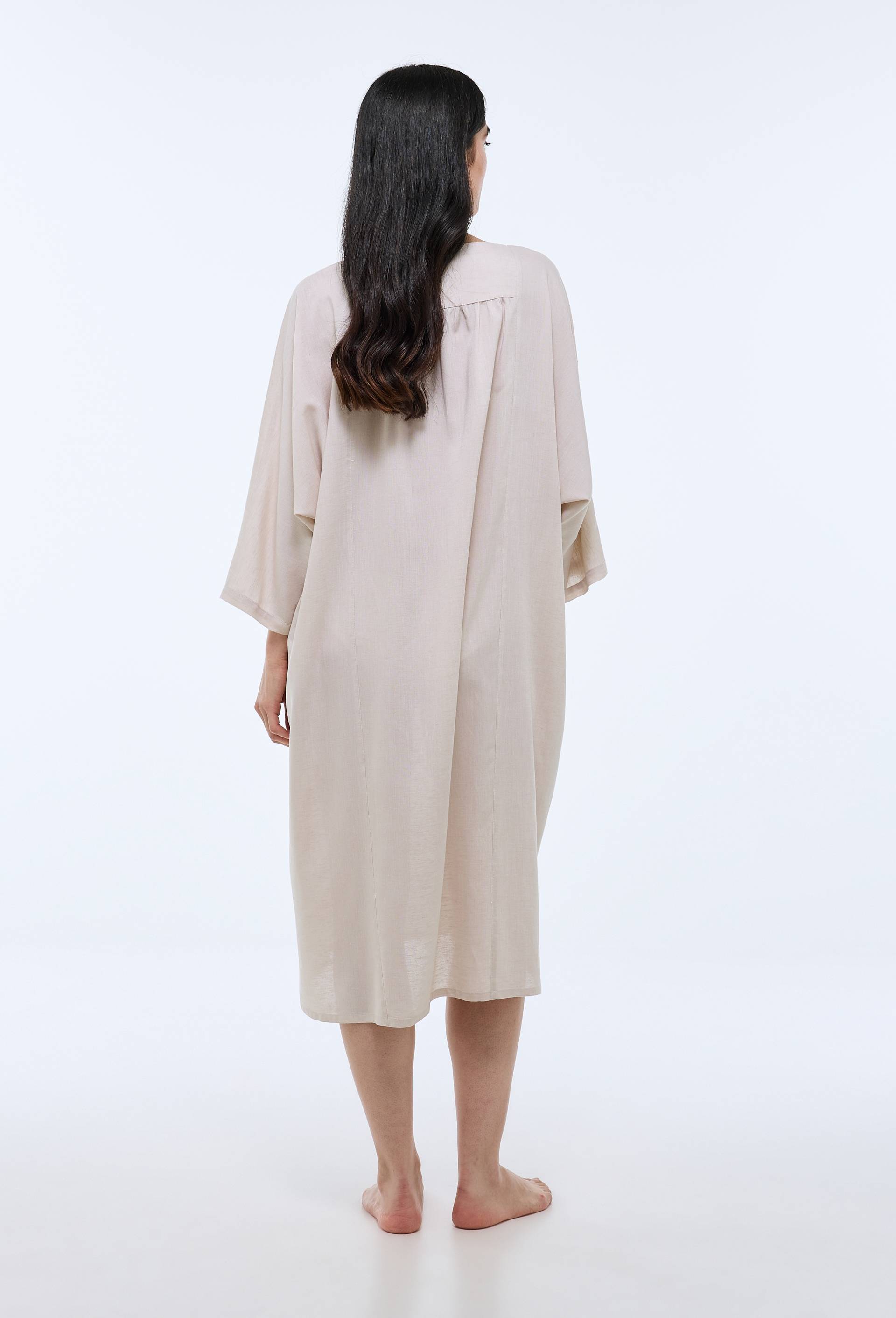Chemise de nuit unie &agrave; manches courtes en viscose et lin, Beige clair, large image number 1.0