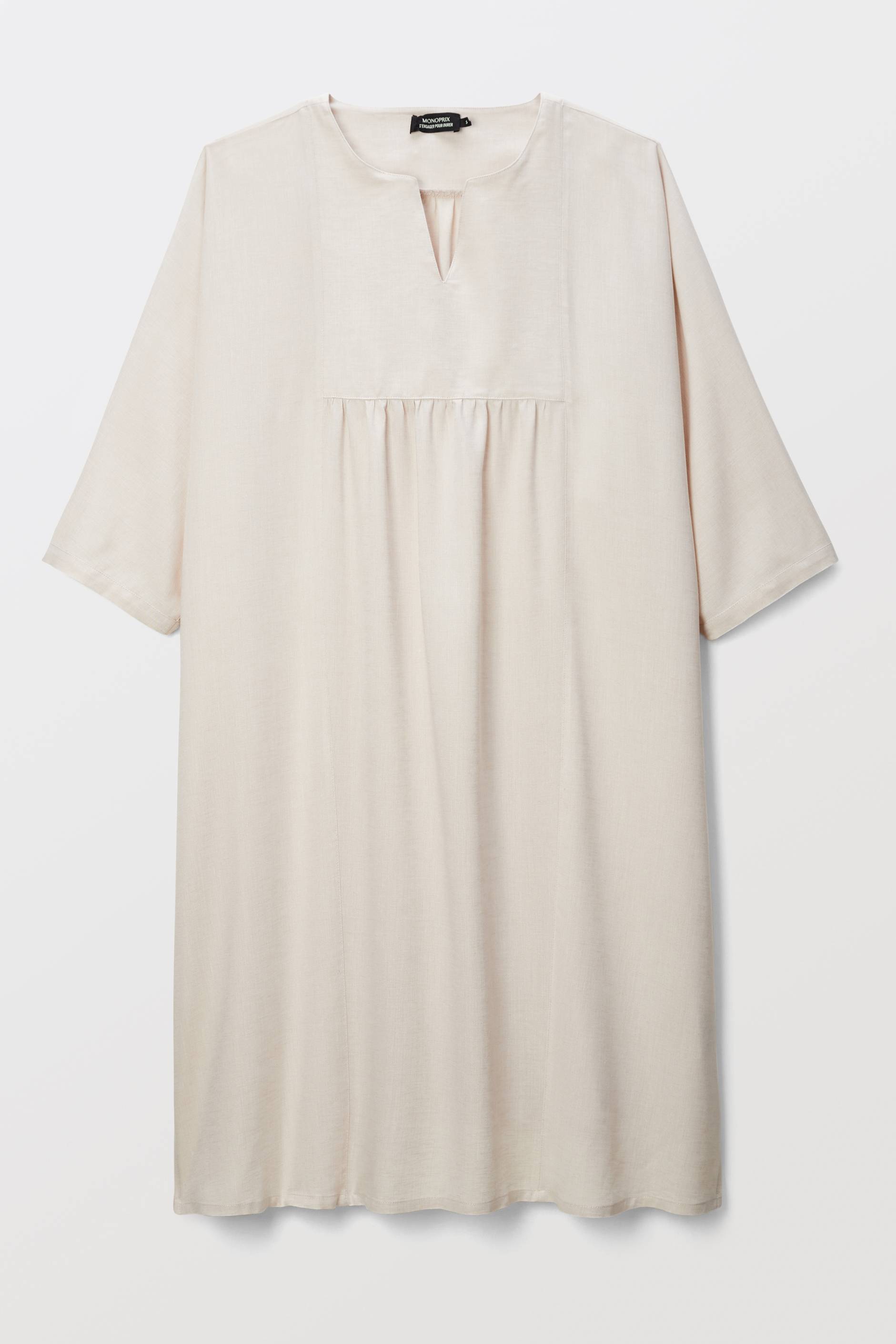 Chemise de nuit unie &agrave; manches courtes en viscose et lin, Beige clair, large image number 2.0