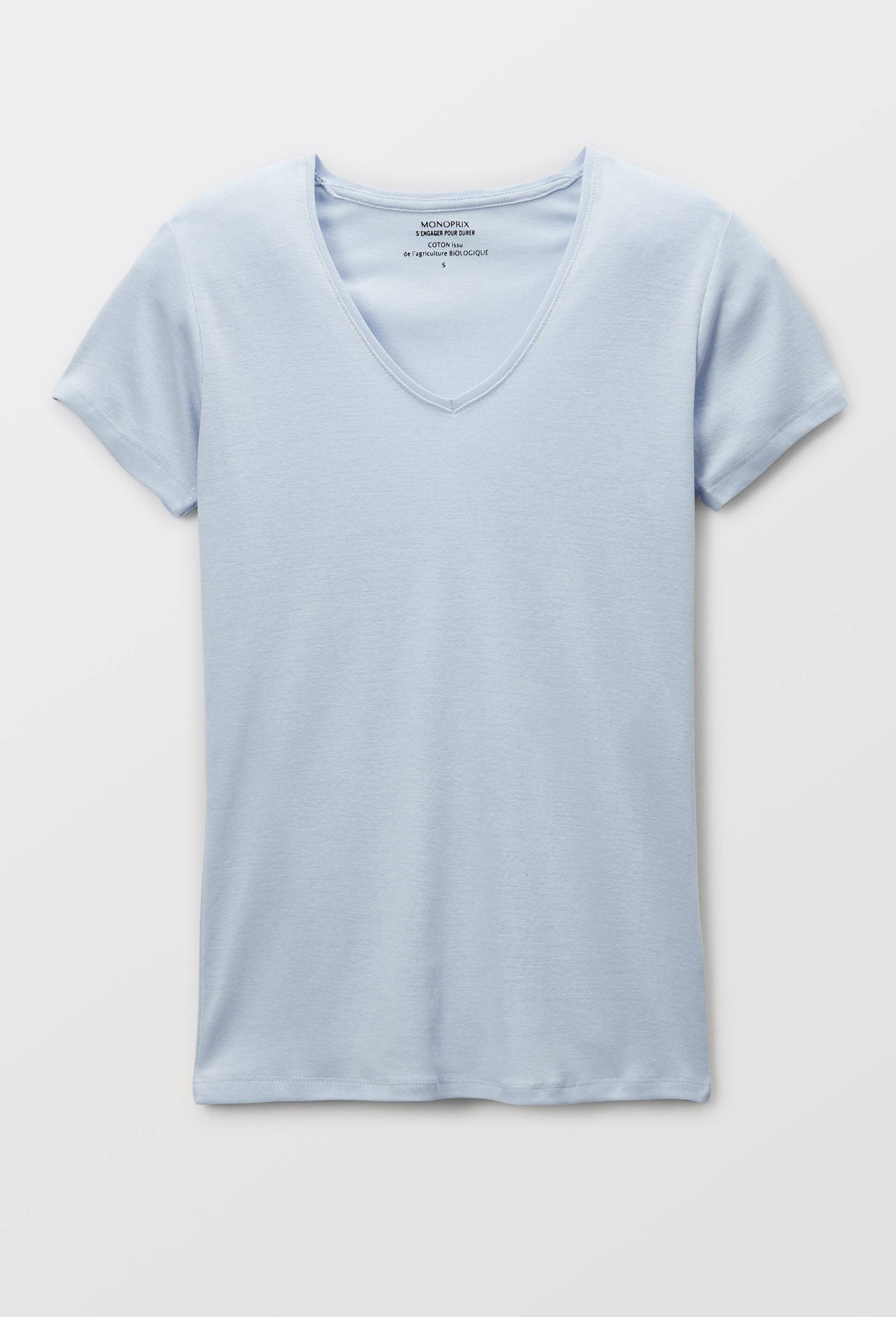T-shirt col V uni en coton BIO GOTS BLEU CLAIR pour femme MONOPRIX