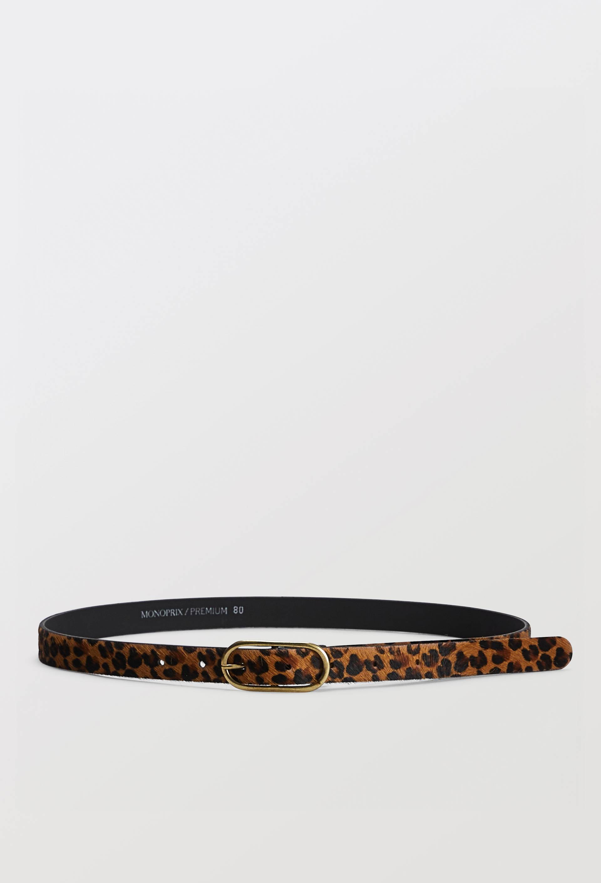Ceinture imprim&eacute; l&eacute;opard 2 cm en cuir poils, Brun, large image number 0.0