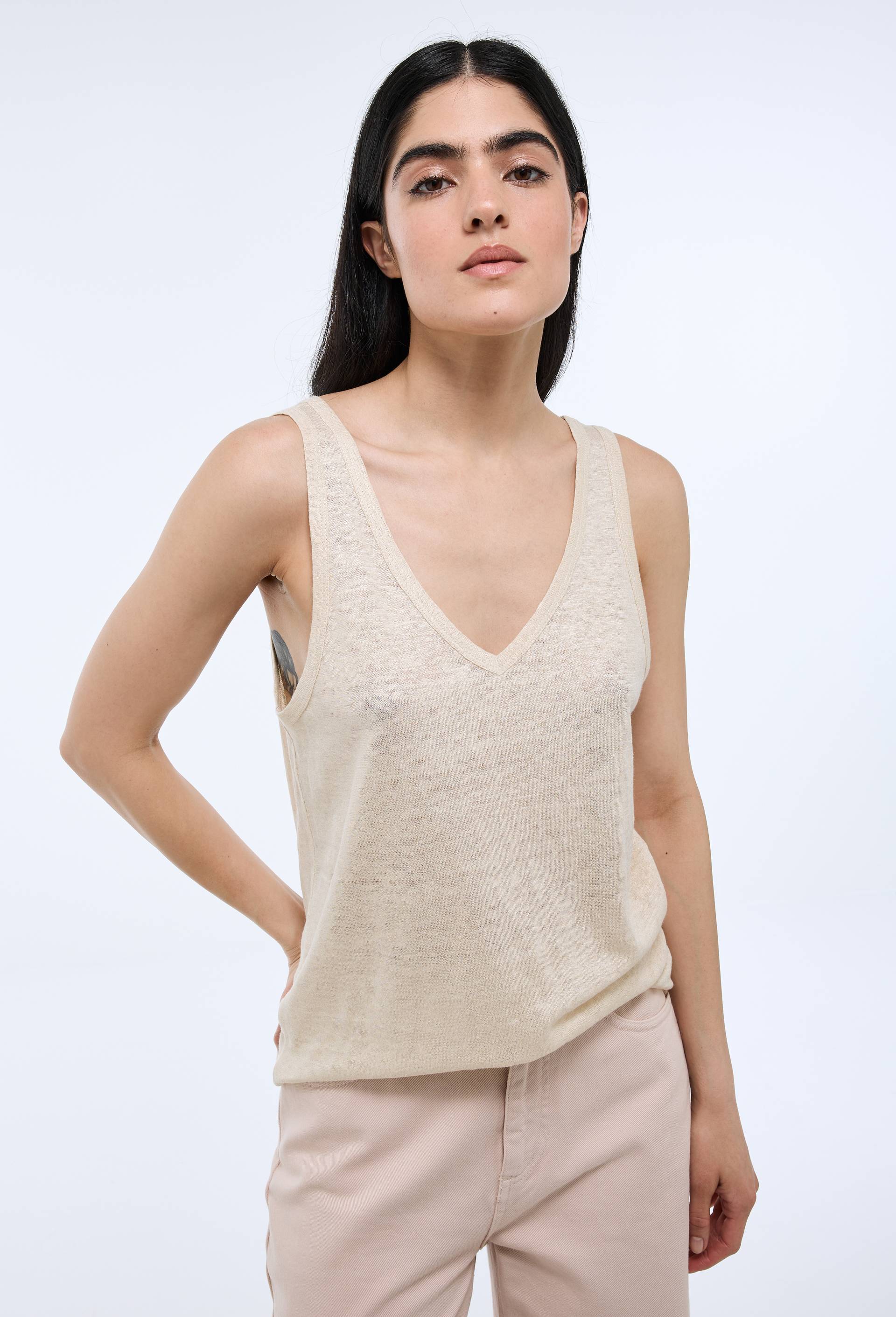 D&eacute;bardeur col V m&eacute;tallis&eacute; en lin, Beige clair, swatch image