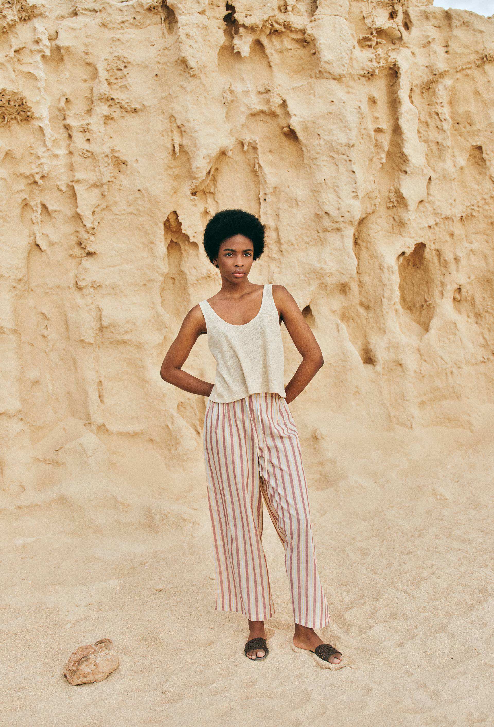 Pantalon ray&eacute; tiss&eacute; en coton BIO GOTS, Jaune clair, large image number 0