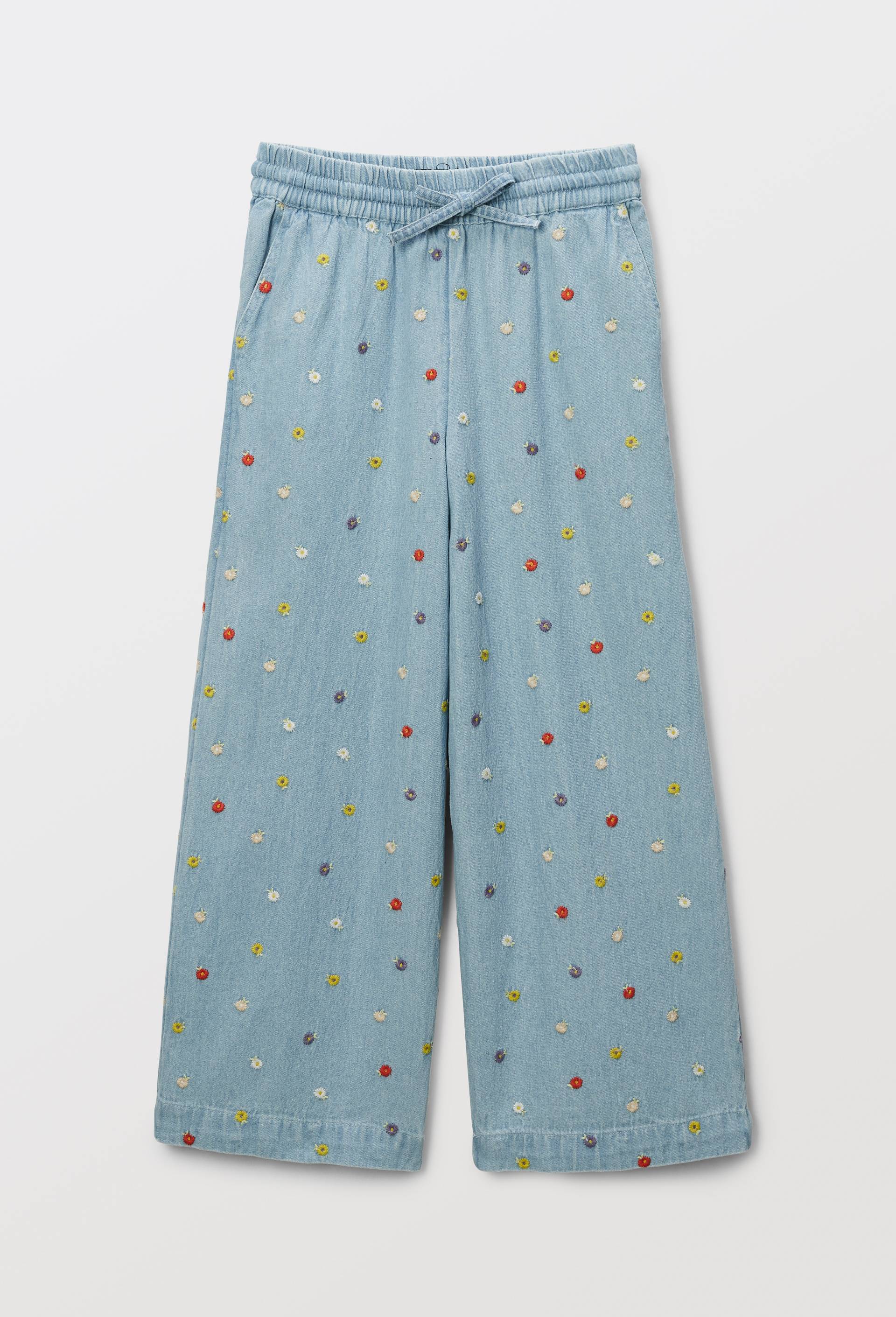 Pantalon taille élastiquée large brodé, Bleu clair, large image number 0
