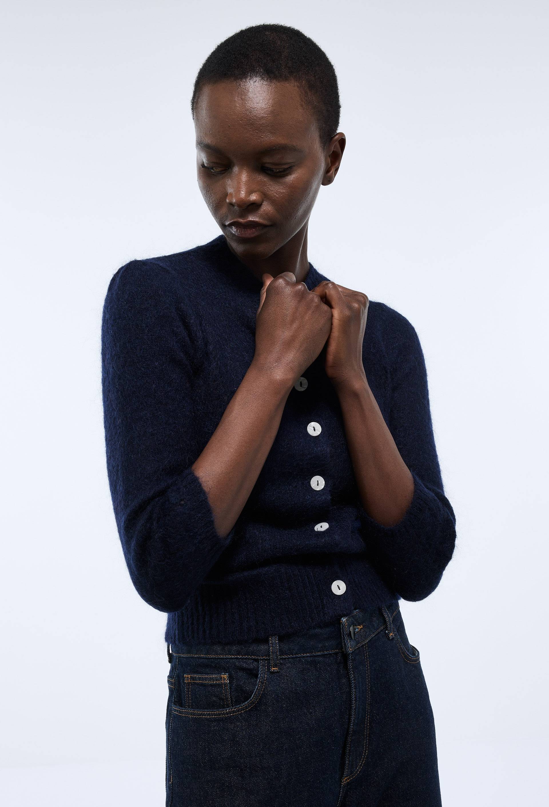 Cardigan manches coudes contenant du mohair, Bleu foncé, swatch image