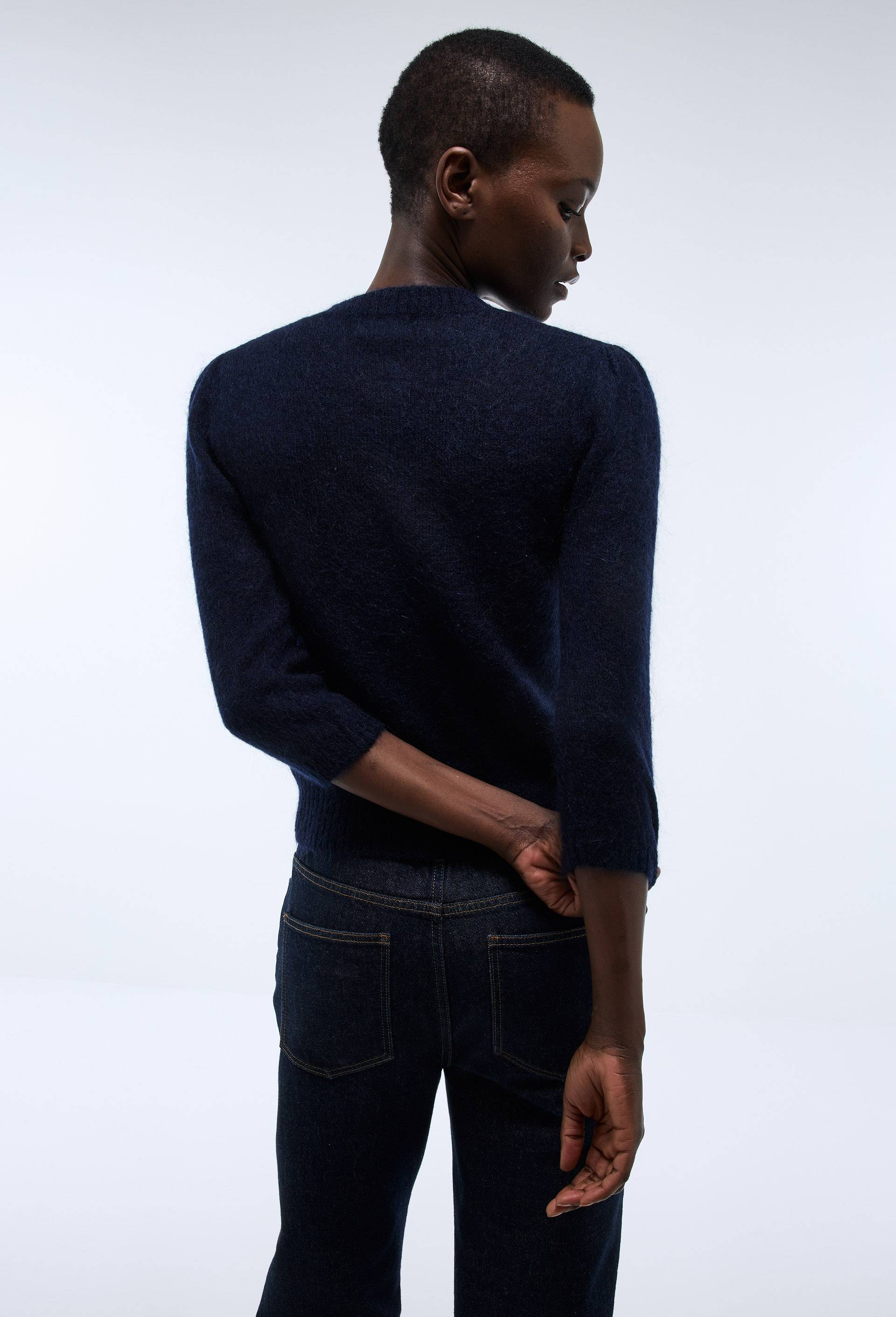 Cardigan manches coudes contenant du mohair, Bleu foncé, large image number 1.0
