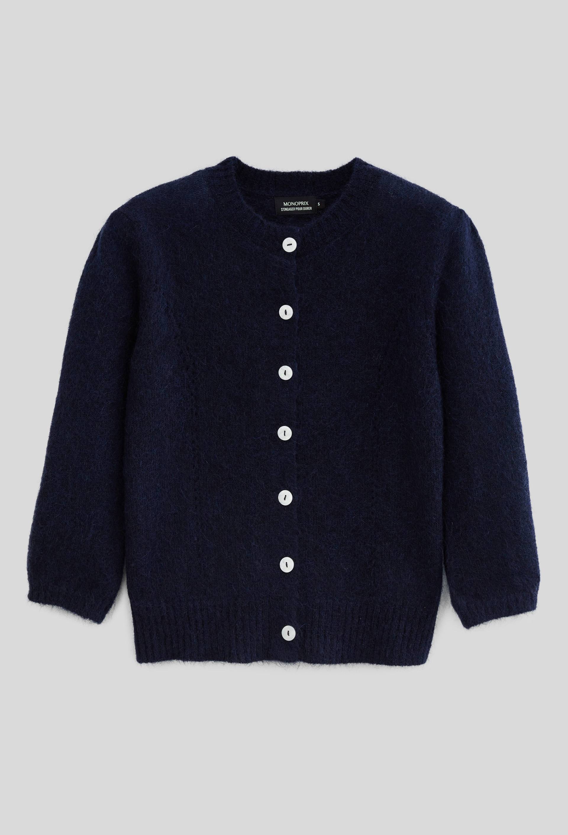 Cardigan manches coudes contenant du mohair, Bleu foncé, large image number 2.0